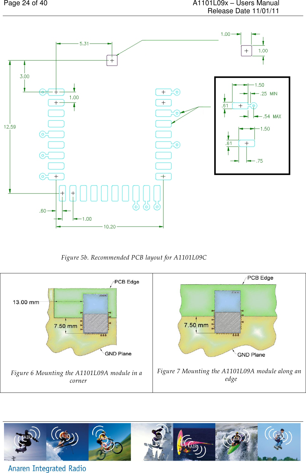 Page 24 of 40    A1101L09x &ndash; Users Manual     Release Date 11/01/11      Figure 5b. Recommended PCB layout for A1101L09C   Figure 6 Mounting the A1101L09A module in a corner  Figure 7 Mounting the A1101L09A module along an edge 
