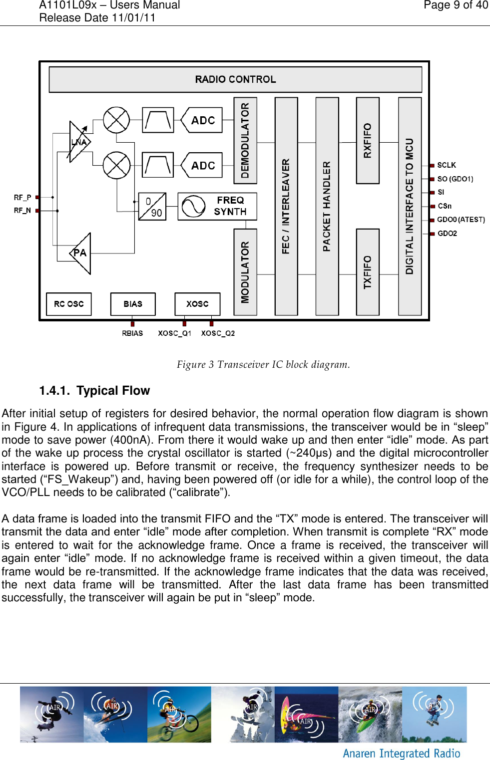 A1101L09x &ndash; Users Manual    Page 9 of 40 Release Date 11/01/11         Figure 3 Transceiver IC block diagram. 1.4.1.  Typical Flow After initial setup of registers for desired behavior, the normal operation flow diagram is shown in Figure 4. In applications of infrequent data transmissions, the transceiver would be in &ldquo;sleep&rdquo; mode to save power (400nA). From there it would wake up and then enter &ldquo;idle&rdquo; mode. As part of the wake up process the crystal oscillator is started (~240&mu;s) and the digital microcontroller interface  is  powered  up.  Before  transmit  or  receive,  the  frequency  synthesizer  needs  to  be started (&ldquo;FS_Wakeup&rdquo;) and, having been powered off (or idle for a while), the control loop of the VCO/PLL needs to be calibrated (&ldquo;calibrate&rdquo;).  A data frame is loaded into the transmit FIFO and the &ldquo;TX&rdquo; mode is entered. The transceiver will transmit the data and enter &ldquo;idle&rdquo; mode after completion. When transmit is complete &ldquo;RX&rdquo; mode is  entered  to  wait for  the  acknowledge frame. Once  a  frame is  received,  the  transceiver  will again enter &ldquo;idle&rdquo; mode. If no acknowledge frame is received within a given timeout, the data frame would be re-transmitted. If the acknowledge frame indicates that the data was received, the  next  data  frame  will  be  transmitted.  After  the  last  data  frame  has  been  transmitted successfully, the transceiver will again be put in &ldquo;sleep&rdquo; mode. 