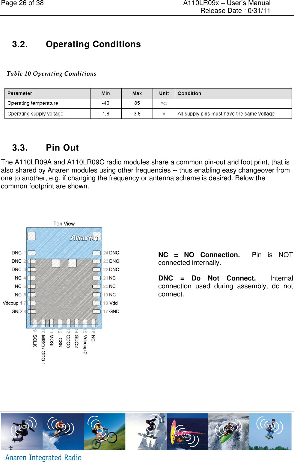 Page 26 of 38    A110LR09x &ndash; User&rsquo;s Manual     Release Date 10/31/11      3.2.  Operating Conditions  Table 10 Operating Conditions   3.3.  Pin Out The A110LR09A and A110LR09C radio modules share a common pin-out and foot print, that is also shared by Anaren modules using other frequencies -- thus enabling easy changeover from one to another, e.g. if changing the frequency or antenna scheme is desired. Below the common footprint are shown.      NC  =  NO  Connection.    Pin  is  NOT connected internally. DNC  =  Do  Not Connect.    Internal connection  used  during  assembly,  do  not connect.     