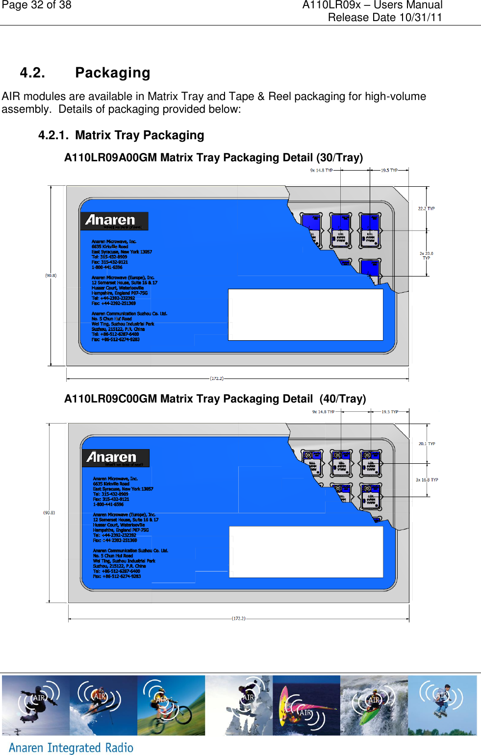 Page 32 of 38    A110LR09x &ndash; Users Manual     Release Date 10/31/11       4.2.  Packaging AIR modules are available in Matrix Tray and Tape &amp; Reel packaging for high-volume assembly.  Details of packaging provided below: 4.2.1.  Matrix Tray Packaging A110LR09A00GM Matrix Tray Packaging Detail (30/Tray)  A110LR09C00GM Matrix Tray Packaging Detail  (40/Tray)   
