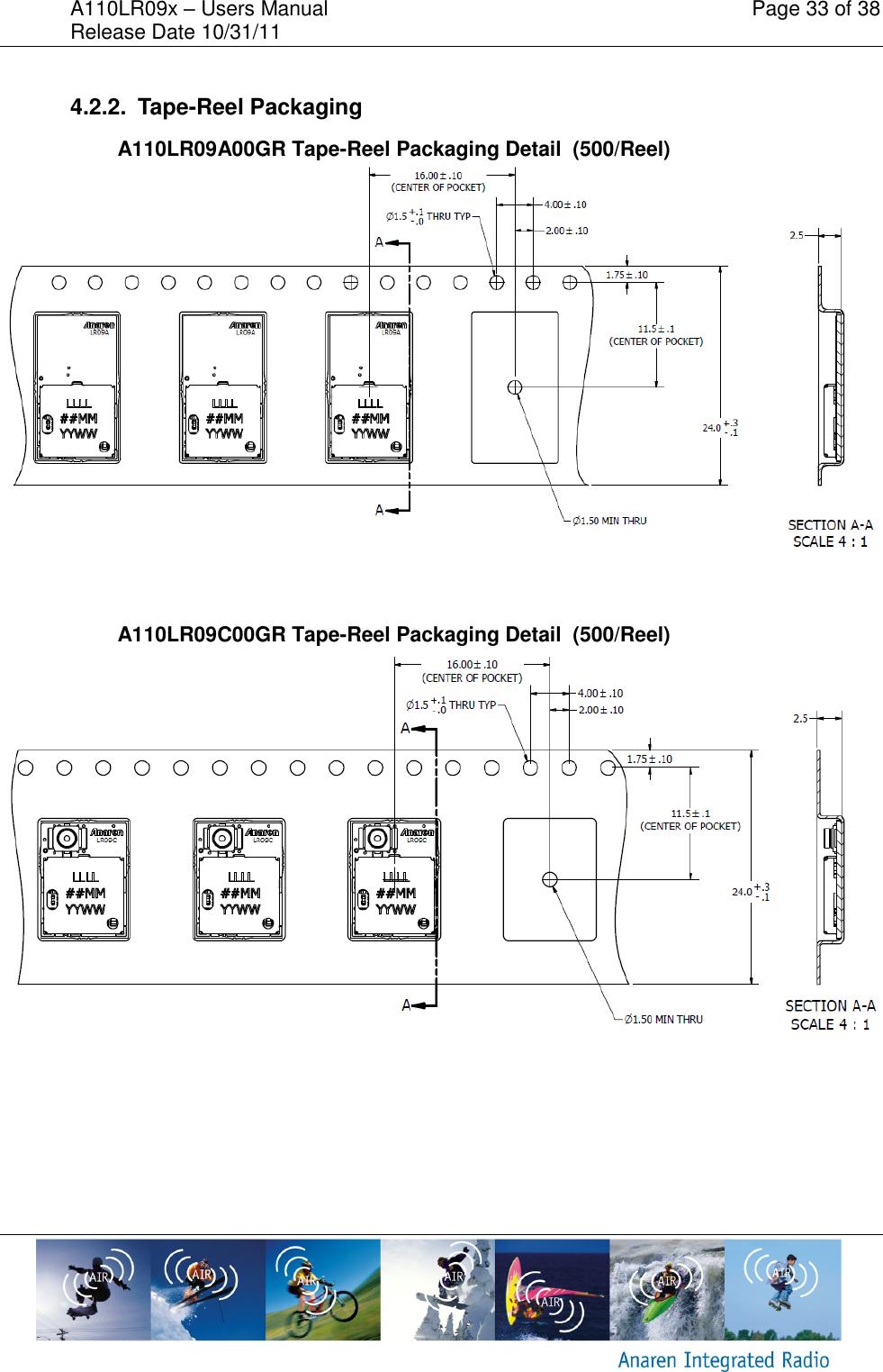 A110LR09x &ndash; Users Manual    Page 33 of 38 Release Date 10/31/11        4.2.2.  Tape-Reel Packaging A110LR09A00GR Tape-Reel Packaging Detail  (500/Reel)   A110LR09C00GR Tape-Reel Packaging Detail  (500/Reel)    