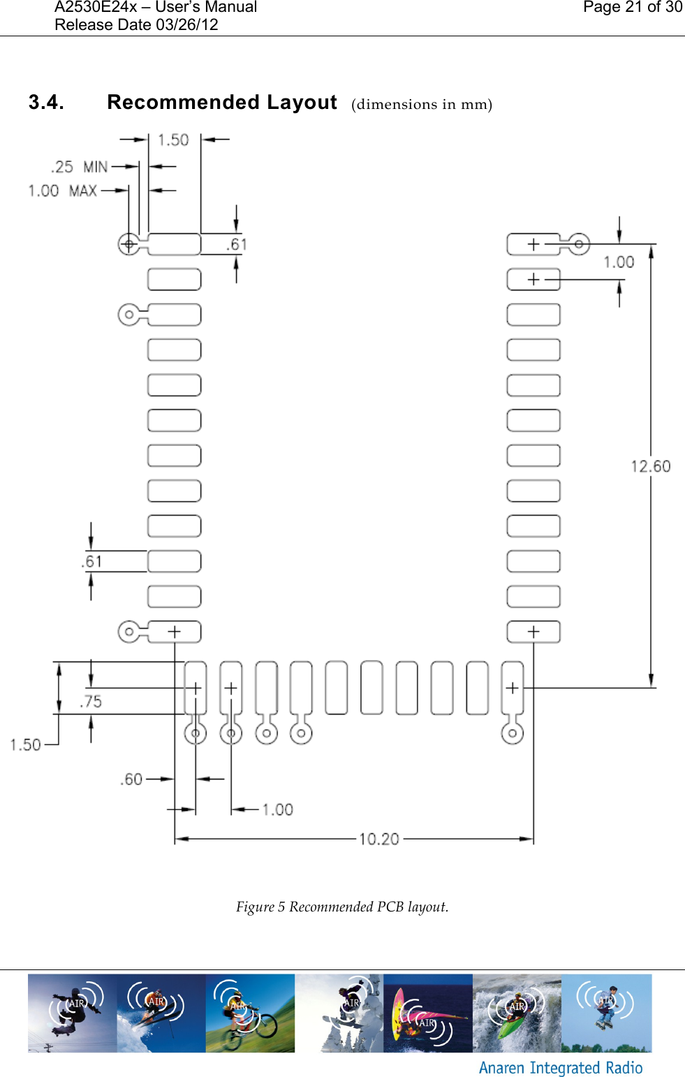 A2530E24x &ndash; User&rsquo;s Manual    Page 21 of 30 Release Date 03/26/12        3.4.  Recommended Layout  (dimensions in mm)   Figure 5 Recommended PCB layout.  