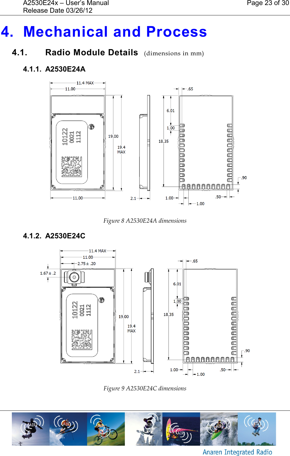 A2530E24x &ndash; User&rsquo;s Manual    Page 23 of 30 Release Date 03/26/12       4. Mechanical and Process 4.1.  Radio Module Details  (dimensions in mm) 4.1.1.  A2530E24A   Figure 8 A2530E24A dimensions 4.1.2.  A2530E24C  Figure 9 A2530E24C dimensions  