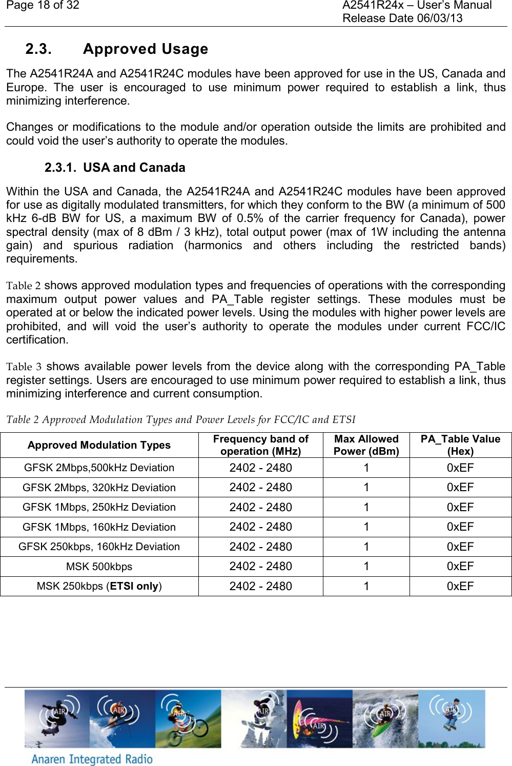 Page 18 of 32    A2541R24x &ndash; User&rsquo;s Manual     Release Date 06/03/13    2.3.  Approved Usage The A2541R24A and A2541R24C modules have been approved for use in the US, Canada and Europe.  The  user  is  encouraged  to  use  minimum  power  required  to  establish  a  link,  thus minimizing interference. Changes or modifications to the module and/or operation outside the limits are prohibited and could void the user&rsquo;s authority to operate the modules.  2.3.1.  USA and Canada Within the USA and Canada, the  A2541R24A and A2541R24C modules have been approved for use as digitally modulated transmitters, for which they conform to the BW (a minimum of 500 kHz  6-dB  BW  for  US,  a  maximum  BW  of  0.5%  of  the  carrier  frequency  for  Canada),  power spectral density (max of 8 dBm / 3 kHz), total output power (max of 1W including the antenna gain)  and  spurious  radiation  (harmonics  and  others  including  the  restricted  bands) requirements. Table 2 shows approved modulation types and frequencies of operations with the corresponding maximum  output  power  values  and  PA_Table  register  settings.  These  modules  must  be operated at or below the indicated power levels. Using the modules with higher power levels are prohibited,  and  will  void  the  user&rsquo;s  authority  to  operate  the  modules  under  current  FCC/IC certification. Table  3  shows available  power levels from the  device along  with  the corresponding  PA_Table register settings. Users are encouraged to use minimum power required to establish a link, thus minimizing interference and current consumption. Table 2 Approved Modulation Types and Power Levels for FCC/IC and ETSI Approved Modulation Types Frequency band of operation (MHz) Max Allowed Power (dBm) PA_Table Value (Hex) GFSK 2Mbps,500kHz Deviation 2402 - 2480 1 0xEF GFSK 2Mbps, 320kHz Deviation 2402 - 2480 1 0xEF GFSK 1Mbps, 250kHz Deviation 2402 - 2480 1 0xEF GFSK 1Mbps, 160kHz Deviation 2402 - 2480 1 0xEF GFSK 250kbps, 160kHz Deviation 2402 - 2480 1 0xEF MSK 500kbps 2402 - 2480 1 0xEF MSK 250kbps (ETSI only) 2402 - 2480 1 0xEF     