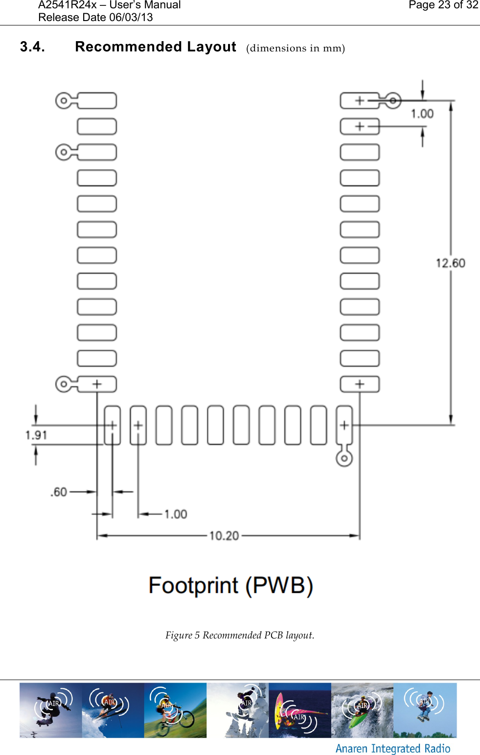 A2541R24x &ndash; User&rsquo;s Manual    Page 23 of 32 Release Date 06/03/13       3.4.  Recommended Layout  (dimensions in mm)   Figure 5 Recommended PCB layout.  