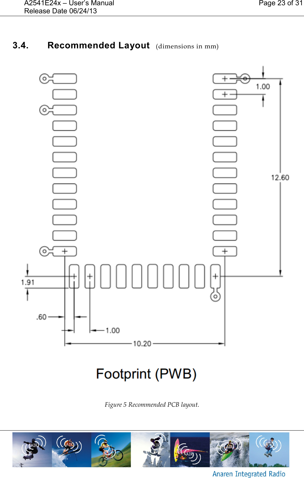 A2541E24x &ndash; User&rsquo;s Manual    Page 23 of 31 Release Date 06/24/13        3.4.  Recommended Layout  (dimensions in mm)   Figure 5 Recommended PCB layout.  