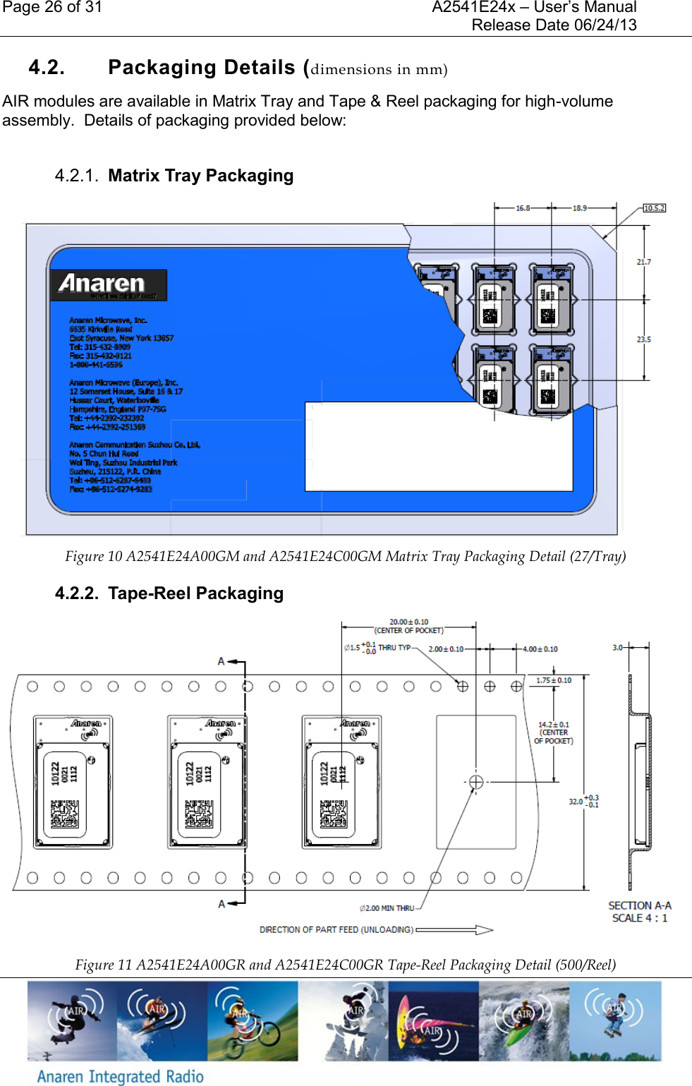 Page 26 of 31    A2541E24x &ndash; User&rsquo;s Manual     Release Date 06/24/13     4.2.  Packaging Details (dimensions in mm) AIR modules are available in Matrix Tray and Tape &amp; Reel packaging for high-volume assembly.  Details of packaging provided below:  4.2.1.  Matrix Tray Packaging  Figure 10 A2541E24A00GM and A2541E24C00GM Matrix Tray Packaging Detail (27/Tray) 4.2.2.  Tape-Reel Packaging Figure 11 A2541E24A00GR and A2541E24C00GR Tape-Reel Packaging Detail (500/Reel) 