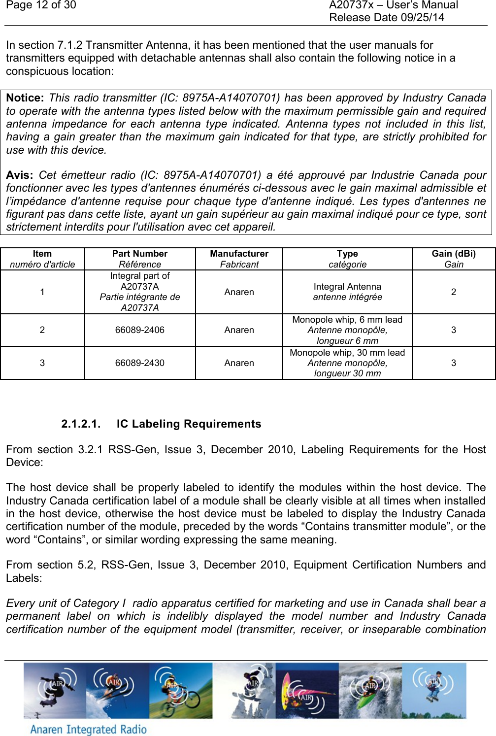 Page 12 of 30    A20737x &ndash; User&rsquo;s Manual     Release Date 09/25/14    In section 7.1.2 Transmitter Antenna, it has been mentioned that the user manuals for transmitters equipped with detachable antennas shall also contain the following notice in a conspicuous location: Notice: This radio transmitter (IC: 8975A-A14070701) has been approved by Industry Canada to operate with the antenna types listed below with the maximum permissible gain and required antenna  impedance  for  each  antenna  type  indicated.  Antenna  types  not  included  in  this  list, having a gain greater than the maximum gain indicated for that type, are strictly prohibited for use with this device. Avis:  Cet  &eacute;metteur  radio  (IC:  8975A-A14070701)  a  &eacute;t&eacute;  approuv&eacute;  par  Industrie  Canada  pour fonctionner avec les types d'antennes &eacute;num&eacute;r&eacute;s ci-dessous avec le gain maximal admissible et l&rsquo;imp&eacute;dance d'antenne  requise pour  chaque  type  d'antenne  indiqu&eacute;.  Les  types  d'antennes  ne figurant pas dans cette liste, ayant un gain sup&eacute;rieur au gain maximal indiqu&eacute; pour ce type, sont strictement interdits pour l'utilisation avec cet appareil. Item num&eacute;ro d'article Part Number R&eacute;f&eacute;rence Manufacturer Fabricant Type cat&eacute;gorie Gain (dBi) Gain 1 Integral part of A20737A Partie int&eacute;grante de A20737A Anaren Integral Antenna antenne int&eacute;gr&eacute;e 2 2 66089-2406 Anaren Monopole whip, 6 mm lead Antenne monop&ocirc;le, longueur 6 mm 3 3 66089-2430 Anaren Monopole whip, 30 mm lead Antenne monop&ocirc;le, longueur 30 mm 3  2.1.2.1.  IC Labeling Requirements From  section  3.2.1  RSS-Gen,  Issue  3,  December  2010,  Labeling  Requirements  for  the  Host Device: The  host  device shall  be  properly  labeled to  identify the  modules  within the  host  device. The Industry Canada certification label of a module shall be clearly visible at all times when installed in the  host device,  otherwise the  host  device must  be labeled to  display  the  Industry Canada certification number of the module, preceded by the words &ldquo;Contains transmitter module&rdquo;, or the word &ldquo;Contains&rdquo;, or similar wording expressing the same meaning. From  section  5.2,  RSS-Gen,  Issue  3,  December  2010,  Equipment  Certification  Numbers  and Labels:  Every unit of Category I  radio apparatus certified for marketing and use in Canada shall bear a permanent  label  on  which  is  indelibly  displayed  the  model  number  and  Industry  Canada certification number of  the equipment model (transmitter, receiver, or inseparable combination 