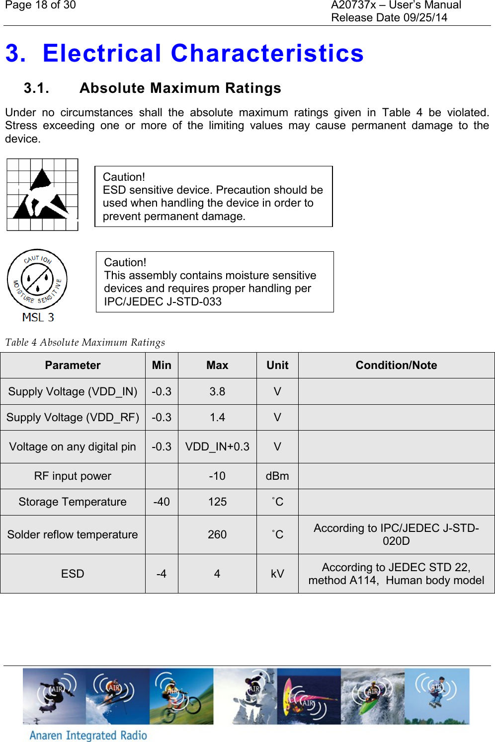 Page 18 of 30    A20737x &ndash; User&rsquo;s Manual     Release Date 09/25/14    3. Electrical Characteristics 3.1.  Absolute Maximum Ratings Under  no  circumstances  shall  the  absolute  maximum  ratings  given  in  Table  4  be  violated. Stress  exceeding  one  or  more  of  the  limiting  values  may  cause  permanent  damage  to  the device.     Table 4 Absolute Maximum Ratings Parameter Min Max Unit Condition/Note Supply Voltage (VDD_IN) -0.3 3.8 V  Supply Voltage (VDD_RF) -0.3 1.4 V  Voltage on any digital pin -0.3 VDD_IN+0.3 V  RF input power  -10 dBm  Storage Temperature -40 125 ˚C  Solder reflow temperature  260 ˚C According to IPC/JEDEC J-STD-020D ESD -4 4 kV According to JEDEC STD 22,  method A114,  Human body model   Caution! ESD sensitive device. Precaution should be used when handling the device in order to prevent permanent damage. Caution! This assembly contains moisture sensitive devices and requires proper handling per IPC/JEDEC J-STD-033 