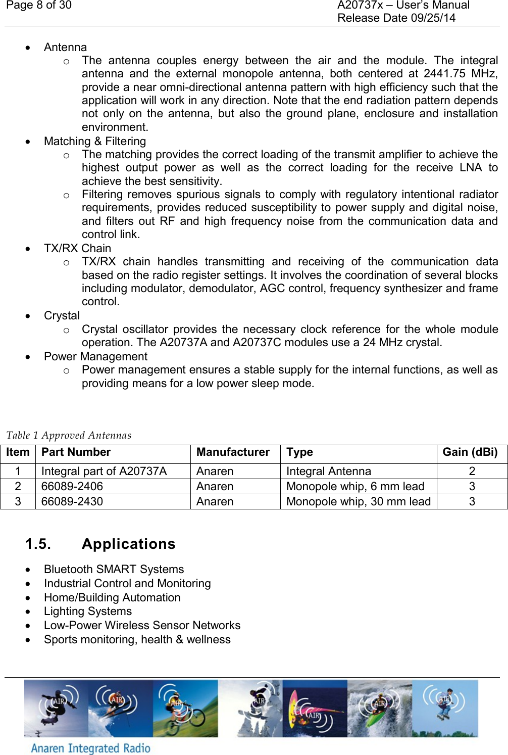 Page 8 of 30    A20737x &ndash; User&rsquo;s Manual     Release Date 09/25/14      Antenna o  The  antenna  couples  energy  between  the  air  and  the  module.  The  integral antenna  and  the  external  monopole  antenna,  both  centered  at  2441.75  MHz, provide a near omni-directional antenna pattern with high efficiency such that the application will work in any direction. Note that the end radiation pattern depends not  only  on  the  antenna,  but  also  the  ground  plane,  enclosure  and  installation environment.   Matching &amp; Filtering o  The matching provides the correct loading of the transmit amplifier to achieve the highest  output  power  as  well  as  the  correct  loading  for  the  receive  LNA  to achieve the best sensitivity. o  Filtering removes spurious signals to  comply with regulatory intentional radiator requirements, provides reduced susceptibility to power supply and digital noise, and  filters  out  RF  and  high  frequency  noise  from  the  communication  data  and control link.   TX/RX Chain o  TX/RX  chain  handles  transmitting  and  receiving  of  the  communication  data based on the radio register settings. It involves the coordination of several blocks including modulator, demodulator, AGC control, frequency synthesizer and frame control.    Crystal o  Crystal  oscillator  provides  the  necessary  clock  reference  for  the  whole  module operation. The A20737A and A20737C modules use a 24 MHz crystal.    Power Management o  Power management ensures a stable supply for the internal functions, as well as providing means for a low power sleep mode.   Table 1 Approved Antennas Item Part Number Manufacturer Type Gain (dBi) 1 Integral part of A20737A Anaren Integral Antenna 2 2 66089-2406 Anaren Monopole whip, 6 mm lead 3 3 66089-2430 Anaren Monopole whip, 30 mm lead 3  1.5.  Applications   Bluetooth SMART Systems    Industrial Control and Monitoring   Home/Building Automation   Lighting Systems  Low-Power Wireless Sensor Networks   Sports monitoring, health &amp; wellness 