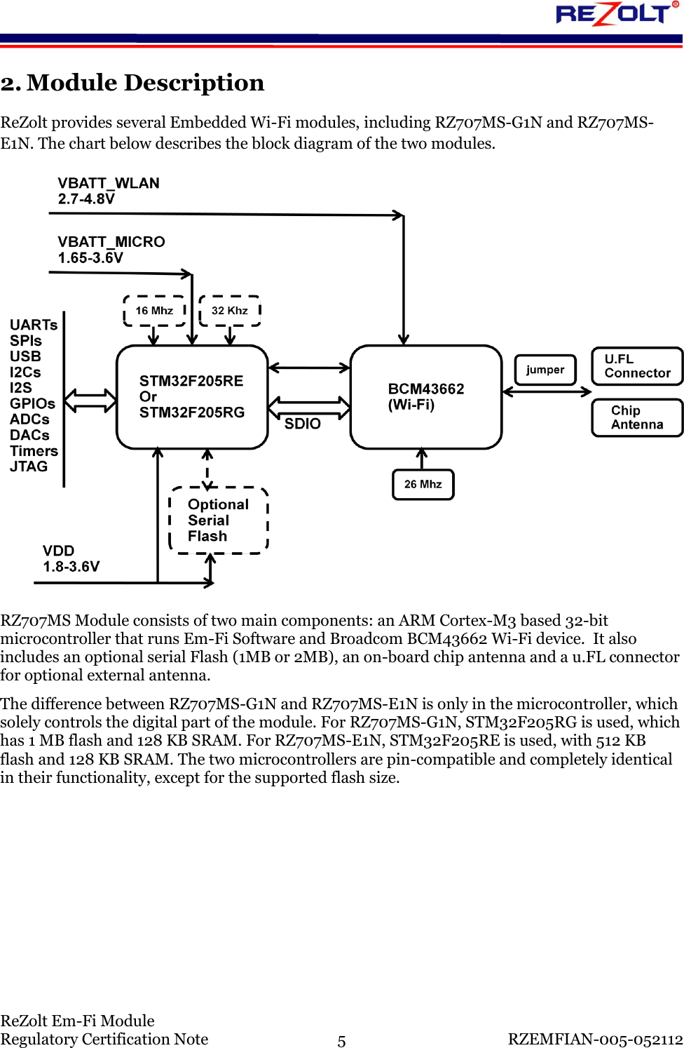    ReZolt Em-Fi Module Regulatory Certification Note  5  RZEMFIAN-005-052112 2. Module Description ReZolt provides several Embedded Wi-Fi modules, including RZ707MS-G1N and RZ707MS-E1N. The chart below describes the block diagram of the two modules.  RZ707MS Module consists of two main components: an ARM Cortex-M3 based 32-bit microcontroller that runs Em-Fi Software and Broadcom BCM43662 Wi-Fi device.  It also includes an optional serial Flash (1MB or 2MB), an on-board chip antenna and a u.FL connector for optional external antenna. The difference between RZ707MS-G1N and RZ707MS-E1N is only in the microcontroller, which solely controls the digital part of the module. For RZ707MS-G1N, STM32F205RG is used, which has 1 MB flash and 128 KB SRAM. For RZ707MS-E1N, STM32F205RE is used, with 512 KB flash and 128 KB SRAM. The two microcontrollers are pin-compatible and completely identical in their functionality, except for the supported flash size.    