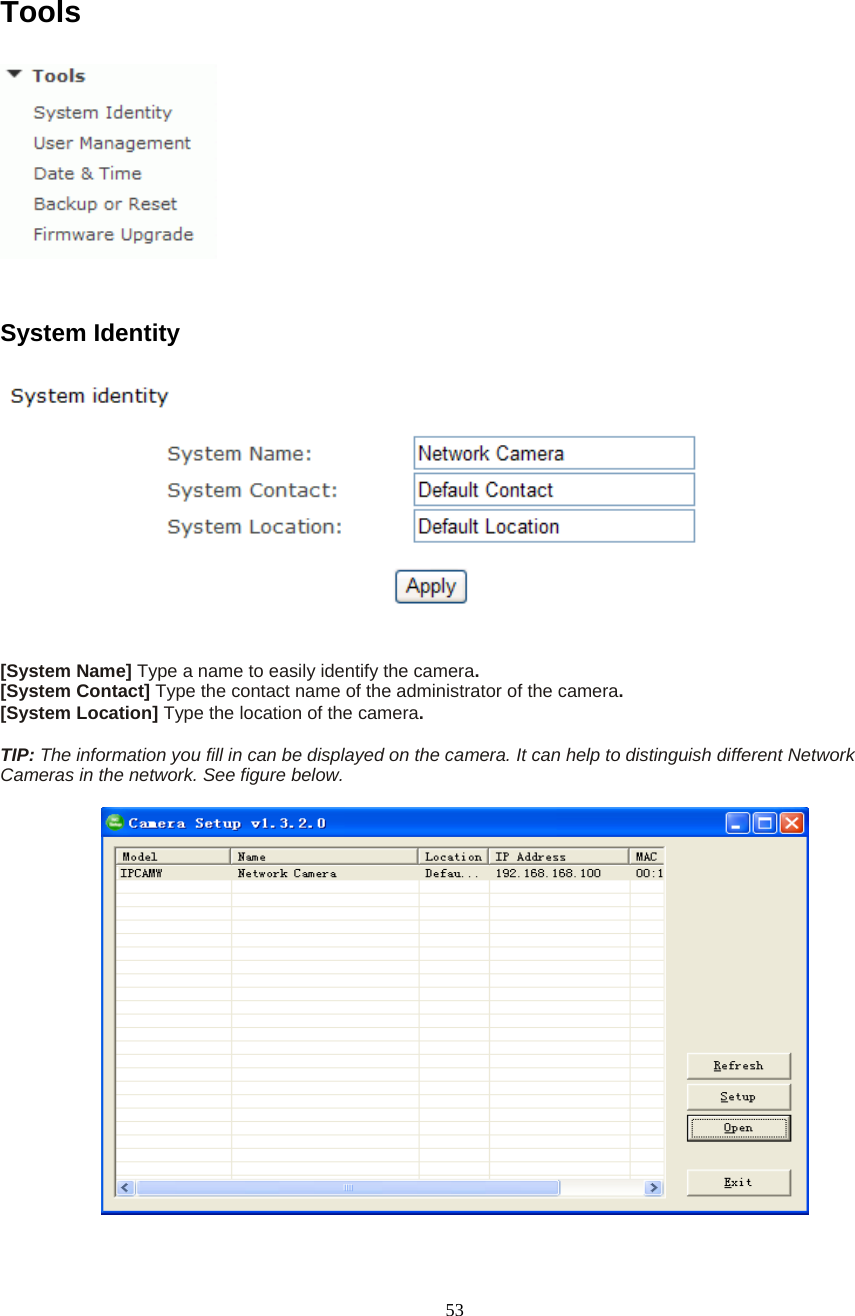  53 Tools  System Identity  [System Name] Type a name to easily identify the camera. [System Contact] Type the contact name of the administrator of the camera. [System Location] Type the location of the camera.  TIP: The information you fill in can be displayed on the camera. It can help to distinguish different Network Cameras in the network. See figure below.   