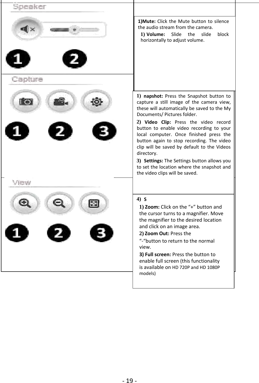 ‐19 ‐1) napshot: Press the Snapshot button tocapture a still image of the camera view,these will automatically be saved to the MyDocuments/ Pictures folder.2) Video Clip: Press the video recordbutton to enable video recording to yourlocal computer. Once finished press thebutton again to stop recording. The videoclip will be saved by default to the Videosdirectory.3) Settings: The Settings button allows youto set the location where the snapshot andthe video clips will be saved.4) S1) Zoom: Click on the “+” button andthe cursor turns to a magnifier. Movethe magnifier to the desired locationand click on an image area.2) Zoom Out: Press the“‐“button to return to the normalview.3) Full screen: Press the button toenable full screen (this functionalityis available on HD 720P and HD 1080Pmodels)1)Mute: Click the Mute button to silencethe audio stream from the camera.1) Volume: Slide the slide blockhorizontally to adjust volume.