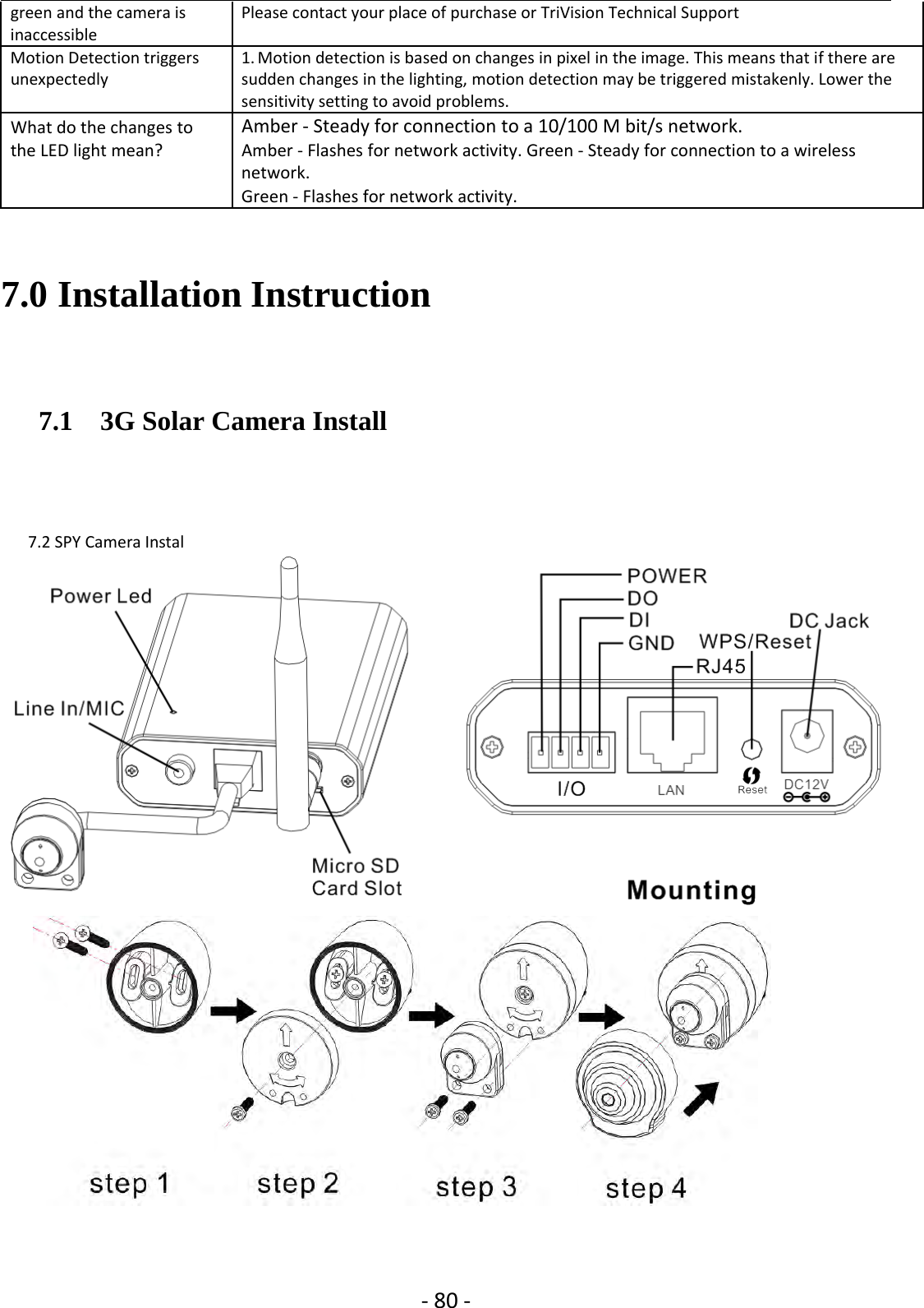 ‐80 ‐green and the camera is Please contact your place ofpurchase or TriVision Technical SupportinaccessibleMotion Detection triggers 1. Motion detection is based on changes in pixel in the image. This means that ifthere areunexpectedly sudden changes in the lighting, motion detection may be triggered mistakenly. Lower thesensitivity setting to avoid problems.What do the changes to Amber ‐Steady for connection to a 10/100 M bit/s network.the LED light mean? Amber ‐Flashes for network activity. Green ‐Steady for connection to a wirelessnetwork.Green ‐Flashes for network activity.7.0 Installation Instruction7.1 3G Solar Camera Install7.2 SPY Camera Instal