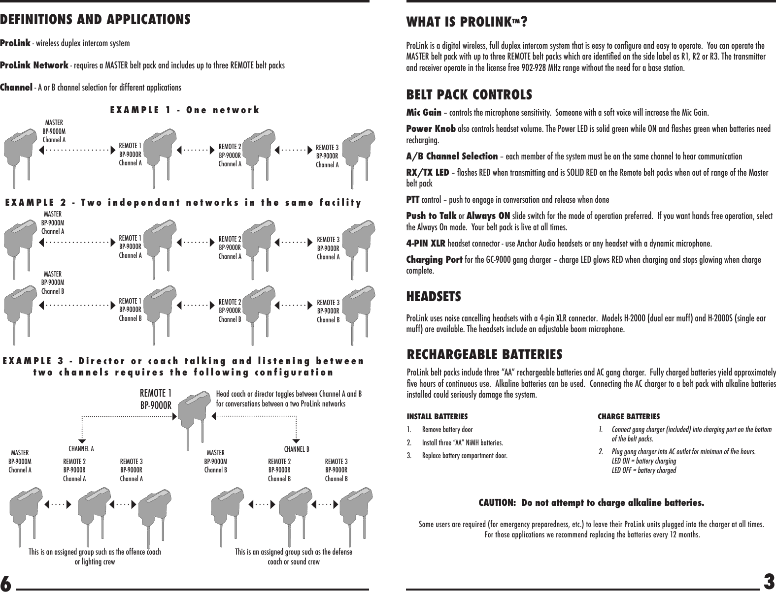 36RECHARGEABLE BATTERIESProLink belt packs include three “AA” rechargeable batteries and AC gang charger.  Fully charged batteries yield approximately ve hours of continuous use.  Alkaline batteries can be used.  Connecting the AC charger to a belt pack with alkaline batteries installed could seriously damage the system.CAUTION:  Do not attempt to charge alkaline batteries. Some users are required (for emergency preparedness, etc.) to leave their ProLink units plugged into the charger at all times.   For those applications we recommend replacing the batteries every 12 months.INSTALL BATTERIES1.  Remove battery door2.  Install three “AA” NiMH batteries.3.  Replace battery compartment door.CHARGE BATTERIES1.  Connect gang charger (included) into charging port on the bottom of the belt packs. 2.  Plug gang charger into AC outlet for minimun of ve hours.   LED ON = battery charging LED OFF = battery chargedWHAT IS PROLINK™? ProLink is a digital wireless, full duplex intercom system that is easy to congure and easy to operate.  You can operate the MASTER belt pack with up to three REMOTE belt packs which are identied on the side label as R1, R2 or R3. The transmitter and receiver operate in the license free 902-928 MHz range without the need for a base station. DEFINITIONS AND APPLICATIONS  ProLink - wireless duplex intercom system ProLink Network - requires a MASTER belt pack and includes up to three REMOTE belt packs Channel - A or B channel selection for different applications BELT PACK CONTROLSMic Gain – controls the microphone sensitivity.  Someone with a soft voice will increase the Mic Gain.Power Knob also controls headset volume. The Power LED is solid green while ON and ashes green when batteries need recharging.A/B Channel Selection – each member of the system must be on the same channel to hear communicationRX/TX LED – ashes RED when transmitting and is SOLID RED on the Remote belt packs when out of range of the Master belt packPTT control – push to engage in conversation and release when donePush to Talk or Always ON slide switch for the mode of operation preferred.  If you want hands free operation, select the Always On mode.  Your belt pack is live at all times.4-PIN XLR headset connector - use Anchor Audio headsets or any headset with a dynamic microphone.Charging Port for the GC-9000 gang charger – charge LED glows RED when charging and stops glowing when charge complete.HEADSETSProLink uses noise cancelling headsets with a 4-pin XLR connector.  Models H-2000 (dual ear muff) and H-2000S (single ear muff) are available. The headsets include an adjustable boom microphone.EXAMPLE 1 - One networkEXAMPLE 2 - Two independant networks in the same facilityEXAMPLE 3 - Director or coach talking and listening between two channels requires the following configurationMASTER BP-9000M Channel AMASTER BP-9000M Channel AMASTER BP-9000M Channel AMASTER BP-9000M Channel BMASTER BP-9000M Channel BREMOTE 1 BP-9000R Channel AREMOTE 1 BP-9000RCHANNEL A CHANNEL BREMOTE 1 BP-9000R Channel AREMOTE 2 BP-9000R Channel AREMOTE 2 BP-9000R Channel BREMOTE 3 BP-9000R Channel AREMOTE 3 BP-9000R Channel BREMOTE 1 BP-9000R Channel BREMOTE 2 BP-9000R Channel AREMOTE 2 BP-9000R Channel AREMOTE 2 BP-9000R Channel BREMOTE 3 BP-9000R Channel AREMOTE 3 BP-9000R Channel AREMOTE 3 BP-9000R Channel BHead coach or director toggles between Channel A and B for conversations between a two ProLink networksThis is an assigned group such as the offence coach or lighting crewThis is an assigned group such as the defense coach or sound crew