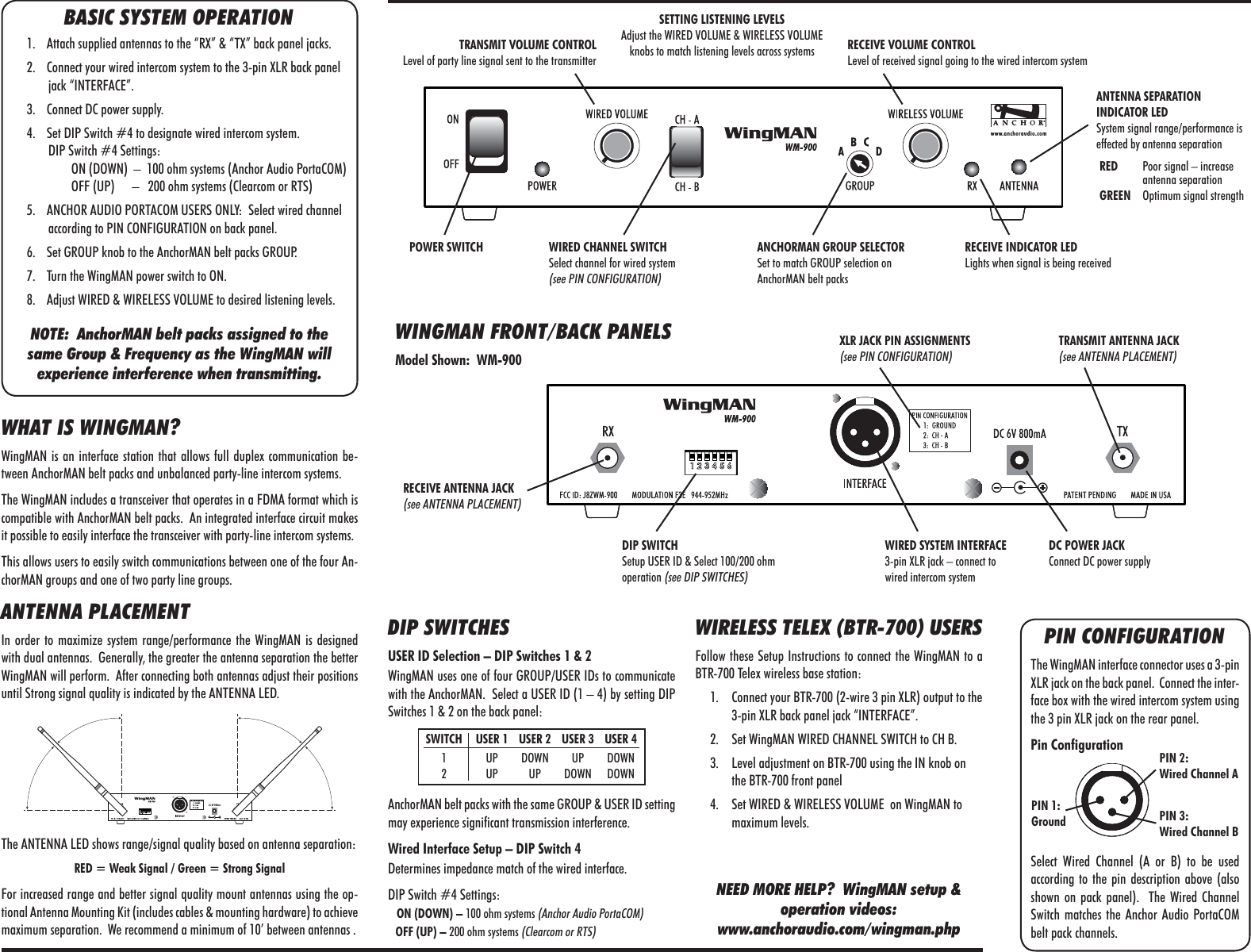 PIN CONFIGURATIONThe WingMAN interface connector uses a 3-pin XLR jack on the back panel.  Connect the inter-face box with the wired intercom system using the 3 pin XLR jack on the rear panel.Pin ConfigurationSelect Wired Channel (A or B) to be used according to the pin description above (also shown on pack panel).  The Wired Channel Switch matches the Anchor Audio PortaCOM belt pack channels.WHAT IS WINGMAN?WingMAN is an interface station that allows full duplex communication be-tween AnchorMAN belt packs and unbalanced party-line intercom systems.The WingMAN includes a transceiver that operates in a FDMA format which is compatible with AnchorMAN belt packs.  An integrated interface circuit makes it possible to easily interface the transceiver with party-line intercom systems.This allows users to easily switch communications between one of the four An-chorMAN groups and one of two party line groups.ANTENNA PLACEMENTIn order to maximize system range/performance the WingMAN is designed with dual antennas.  Generally, the greater the antenna separation the better WingMAN will perform.  After connecting both antennas adjust their positions until Strong signal quality is indicated by the ANTENNA LED.The ANTENNA LED shows range/signal quality based on antenna separation: RED = Weak Signal / Green = Strong SignalFor increased range and better signal quality mount antennas using the op-tional Antenna Mounting Kit (includes cables &amp; mounting hardware) to achieve maximum separation.  We recommend a minimum of 10’ between antennas .BASIC SYSTEM OPERATION1.  Attach supplied antennas to the “RX” &amp; “TX” back panel jacks.2.  Connect your wired intercom system to the 3-pin XLR back panel jack “INTERFACE”.3.  Connect DC power supply.4.  Set DIP Switch #4 to designate wired intercom system.  DIP Switch #4 Settings:        ON (DOWN)  –  100 ohm systems (Anchor Audio PortaCOM)        OFF (UP)      –   200 ohm systems (Clearcom or RTS)5.  ANCHOR AUDIO PORTACOM USERS ONLY:  Select wired channel according to PIN CONFIGURATION on back panel.6.  Set GROUP knob to the AnchorMAN belt packs GROUP.7.  Turn the WingMAN power switch to ON.8.  Adjust WIRED &amp; WIRELESS VOLUME to desired listening levels.NOTE:  AnchorMAN belt packs assigned to the same Group &amp; Frequency as the WingMAN will experience interference when transmitting.WINGMAN FRONT/BACK PANELSModel Shown:  WM-900DIP SWITCHESUSER ID Selection – DIP Switches 1 &amp; 2WingMAN uses one of four GROUP/USER IDs to communicate with the AnchorMAN.  Select a USER ID (1 – 4) by setting DIP Switches 1 &amp; 2 on the back panel:AnchorMAN belt packs with the same GROUP &amp; USER ID setting may experience significant transmission interference.Wired Interface Setup – DIP Switch 4Determines impedance match of the wired interface.DIP Switch #4 Settings:   ON (DOWN) – 100 ohm systems (Anchor Audio PortaCOM)   OFF (UP) – 200 ohm systems (Clearcom or RTS)WIRELESS TELEX (BTR-700) USERSFollow these Setup Instructions to connect the WingMAN to a BTR-700 Telex wireless base station:1.  Connect your BTR-700 (2-wire 3 pin XLR) output to the 3-pin XLR back panel jack “INTERFACE”.2.  Set WingMAN WIRED CHANNEL SWITCH to CH B.3.  Level adjustment on BTR-700 using the IN knob on the BTR-700 front panel4.  Set WIRED &amp; WIRELESS VOLUME  on WingMAN to maximum levels.NEED MORE HELP?  WingMAN setup &amp; operation videos: www.anchoraudio.com/wingman.phpRECEIVE ANTENNA JACK(see ANTENNA PLACEMENT)DC POWER JACKConnect DC power supplyTRANSMIT ANTENNA JACK(see ANTENNA PLACEMENT)WIRED SYSTEM INTERFACE3-pin XLR jack – connect to wired intercom systemDIP SWITCHSetup USER ID &amp; Select 100/200 ohm operation (see DIP SWITCHES)XLR JACK PIN ASSIGNMENTS(see PIN CONFIGURATION)RECEIVE INDICATOR LEDLights when signal is being receivedANCHORMAN GROUP SELECTORSet to match GROUP selection on AnchorMAN belt packsRECEIVE VOLUME CONTROLLevel of received signal going to the wired intercom systemTRANSMIT VOLUME CONTROLLevel of party line signal sent to the transmitterPOWER SWITCH WIRED CHANNEL SWITCHSelect channel for wired system (see PIN CONFIGURATION)ANTENNA SEPARATION INDICATOR LEDSystem signal range/performance is effected by antenna separationRED  Poor signal – increase antenna separationGREEN  Optimum signal strengthSETTING LISTENING LEVELSAdjust the WIRED VOLUME &amp; WIRELESS VOLUME knobs to match listening levels across systemsPIN 1: GroundPIN 2: Wired Channel APIN 3: Wired Channel B SWITCH  USER 1  USER 2  USER 3  USER 4 1  UP DOWN UP DOWN 2  UP  UP  DOWN DOWN
