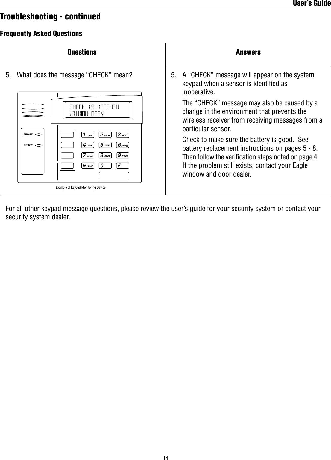 Questions AnswersFrequently Asked QuestionsTroubleshooting - continued5.   What does the message “CHECK” mean? 5.   A “CHECK” message will appear on the system      keypad when a sensor is identiﬁed as      inoperative.     The “CHECK” message may also be caused by a      change in the environment that prevents the      wireless receiver from receiving messages from a      particular sensor.    Check to make sure the battery is good.  See      battery replacement instructions on pages 5 - 8.       Then follow the veriﬁcation steps noted on page 4.       If the problem still exists, contact your Eagle      window and door dealer.1OFF4MAX7INSTANTREADY2AWAY5TEST8CODE03STAY6BYPASS9CHIME#ARMEDREADYCHECK 19 KITCHENWINDOW OPEN Example of Keypad Monitoring DeviceFor all other keypad message questions, please review the user’s guide for your security system or contact your security system dealer.User’s Guide14