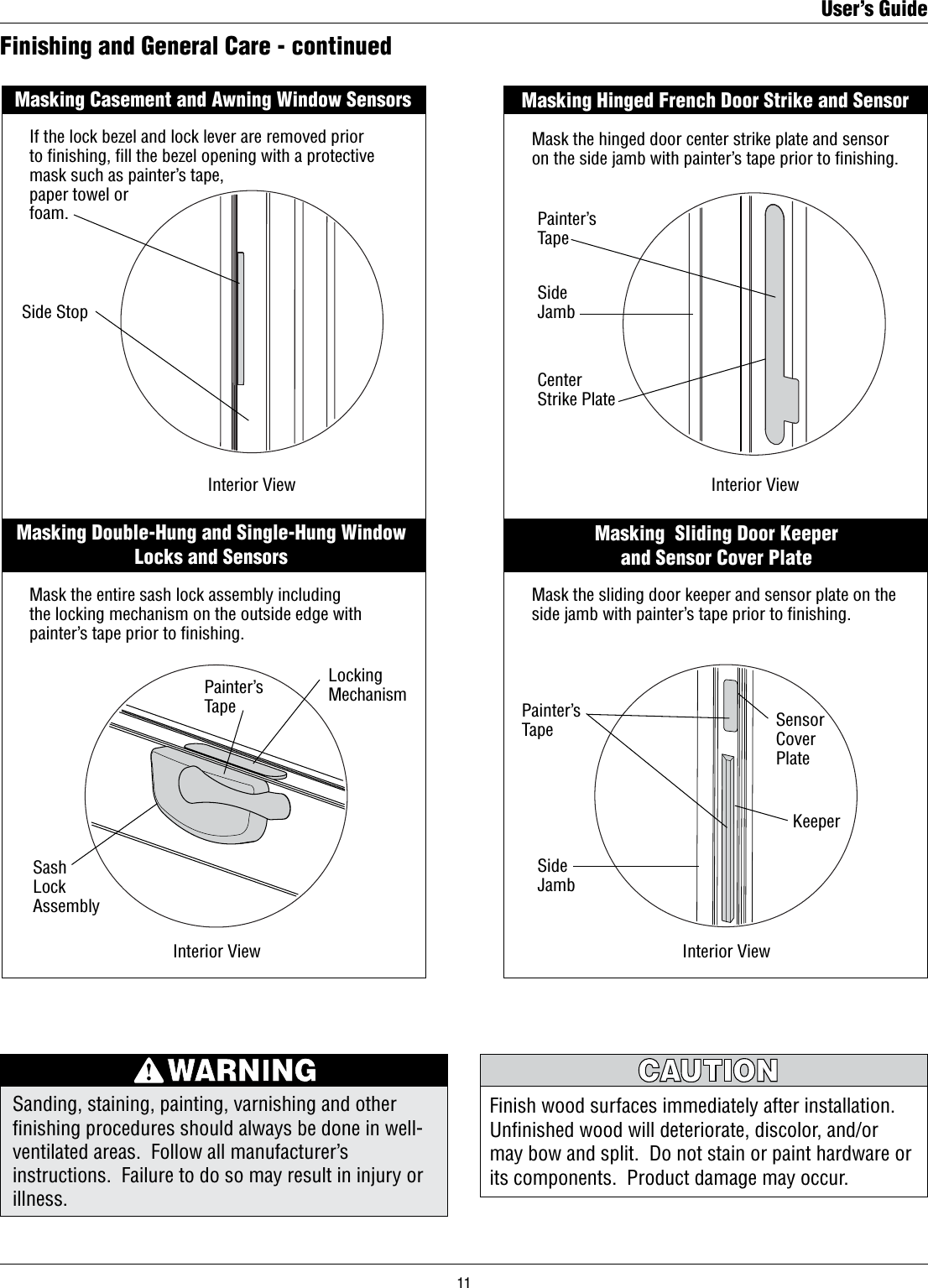 Finishing and General Care - continuedMasking Casement and Awning Window SensorsIf the lock bezel and lock lever are removed prior to ﬁnishing, ﬁll the bezel opening with a protective mask such as painter’s tape, paper towel or foam.Side StopMasking Double-Hung and Single-Hung Window Locks and SensorsMask the entire sash lock assembly including the locking mechanism on the outside edge with painter’s tape prior to ﬁnishing.Interior ViewInterior ViewSashLockAssemblyPainter’sTapeLockingMechanismMask the sliding door keeper and sensor plate on the side jamb with painter’s tape prior to ﬁnishing.Painter’sTapeKeeperSideJambInterior ViewSensor CoverPlateMasking Hinged French Door Strike and SensorMask the hinged door center strike plate and sensor on the side jamb with painter’s tape prior to ﬁnishing.Painter’sTapeCenterStrike PlateSideJambInterior ViewMasking  Sliding Door Keeper                               and Sensor Cover PlateSanding, staining, painting, varnishing and other ﬁnishing procedures should always be done in well-ventilated areas.  Follow all manufacturer’s instructions.  Failure to do so may result in injury or illness.Finish wood surfaces immediately after installation. Unnished wood will deteriorate, discolor, and/or may bow and split.  Do not stain or paint hardware or its components.  Product damage may occur.User’s Guide11