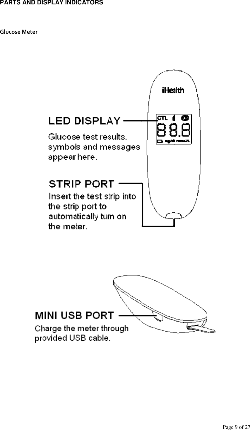 Page 9 of 27                 PARTS AND DISPLAY INDICATORS     Glucose Meter 