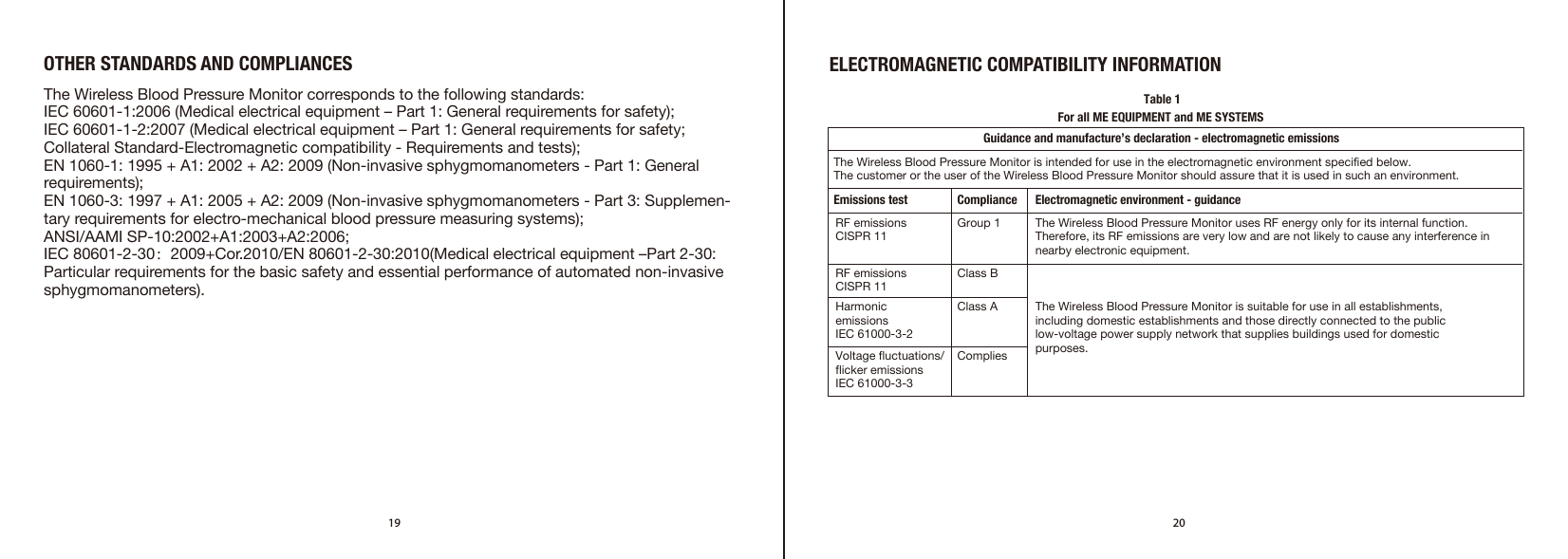 19 20OTHER STANDARDS AND COMPLIANCES ELECTROMAGNETIC COMPATIBILITY INFORMATIONThe Wireless Blood Pressure Monitor corresponds to the following standards: IEC 60601-1:2006 (Medical electrical equipment – Part 1: General requirements for safety); IEC 60601-1-2:2007 (Medical electrical equipment – Part 1: General requirements for safety; Collateral Standard-Electromagnetic compatibility - Requirements and tests); EN 1060-1: 1995 + A1: 2002 + A2: 2009 (Non-invasive sphygmomanometers - Part 1: General requirements);EN 1060-3: 1997 + A1: 2005 + A2: 2009 (Non-invasive sphygmomanometers - Part 3: Supplemen-tary requirements for electro-mechanical blood pressure measuring systems); ANSI/AAMI SP-10:2002+A1:2003+A2:2006;IEC 80601-2-30：2009+Cor.2010/EN 80601-2-30:2010(Medical electrical equipment –Part 2-30: Particular requirements for the basic safety and essential performance of automated non-invasive sphygmomanometers).For all ME EQUIPMENT and ME SYSTEMSEmissions test Compliance Electromagnetic environment - guidanceRF emissionsCISPR 11RF emissionsCISPR 11Harmonic emissionsIEC 61000-3-2Voltage fluctuations/flicker emissionsIEC 61000-3-3Group 1Class BClass ACompliesThe Wireless Blood Pressure Monitor uses RF energy only for its internal function. Therefore, its RF emissions are very low and are not likely to cause any interference in nearby electronic equipment.The Wireless Blood Pressure Monitor is suitable for use in all establishments, including domestic establishments and those directly connected to the public low-voltage power supply network that supplies buildings used for domestic purposes.The Wireless Blood Pressure Monitor is intended for use in the electromagnetic environment specified below.The customer or the user of the Wireless Blood Pressure Monitor should assure that it is used in such an environment.Guidance and manufacture’s declaration - electromagnetic emissionsTable 1