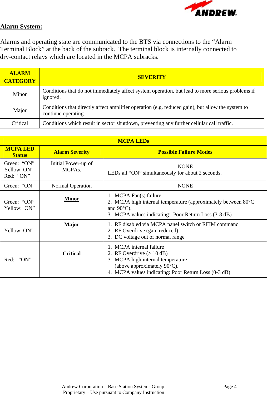                                                         Andrew Corporation &ndash; Base Station Systems Group                                                Page 4 Proprietary &ndash; Use pursuant to Company Instruction Alarm System:  Alarms and operating state are communicated to the BTS via connections to the &ldquo;Alarm Terminal Block&rdquo; at the back of the subrack.  The terminal block is internally connected to dry-contact relays which are located in the MCPA subracks.  ALARM CATEGORY  SEVERITY Minor  Conditions that do not immediately affect system operation, but lead to more serious problems if ignored.   Major  Conditions that directly affect amplifier operation (e.g. reduced gain), but allow the system to continue operating. Critical  Conditions which result in sector shutdown, preventing any further cellular call traffic.  MCPA LEDs MCPA LED Status  Alarm Severity  Possible Failure Modes Green:  &ldquo;ON&rdquo;    Yellow: ON&rdquo; Red:  &ldquo;ON&rdquo; Initial Power-up of MCPAs.  NONE  LEDs all &ldquo;ON&rdquo; simultaneously for about 2 seconds. Green:  &ldquo;ON&rdquo;  Normal Operation  NONE Green:  &ldquo;ON&rdquo; Yellow:  ON&rdquo; Minor   1.  MCPA Fan(s) failure 2.  MCPA high internal temperature (approximately between 80&deg;C and 90&deg;C). 3.  MCPA values indicating:  Poor Return Loss (3-8 dB) Yellow: ON&rdquo;  Major   1.  RF disabled via MCPA panel switch or RFIM command 2.  RF Overdrive (gain reduced) 3.  DC voltage out of normal range Red:   &ldquo;ON&rdquo;  Critical   1.  MCPA internal failure 2.  RF Overdrive (> 10 dB) 3.  MCPA high internal temperature      (above approximately 90&deg;C). 4.  MCPA values indicating: Poor Return Loss (0-3 dB)             