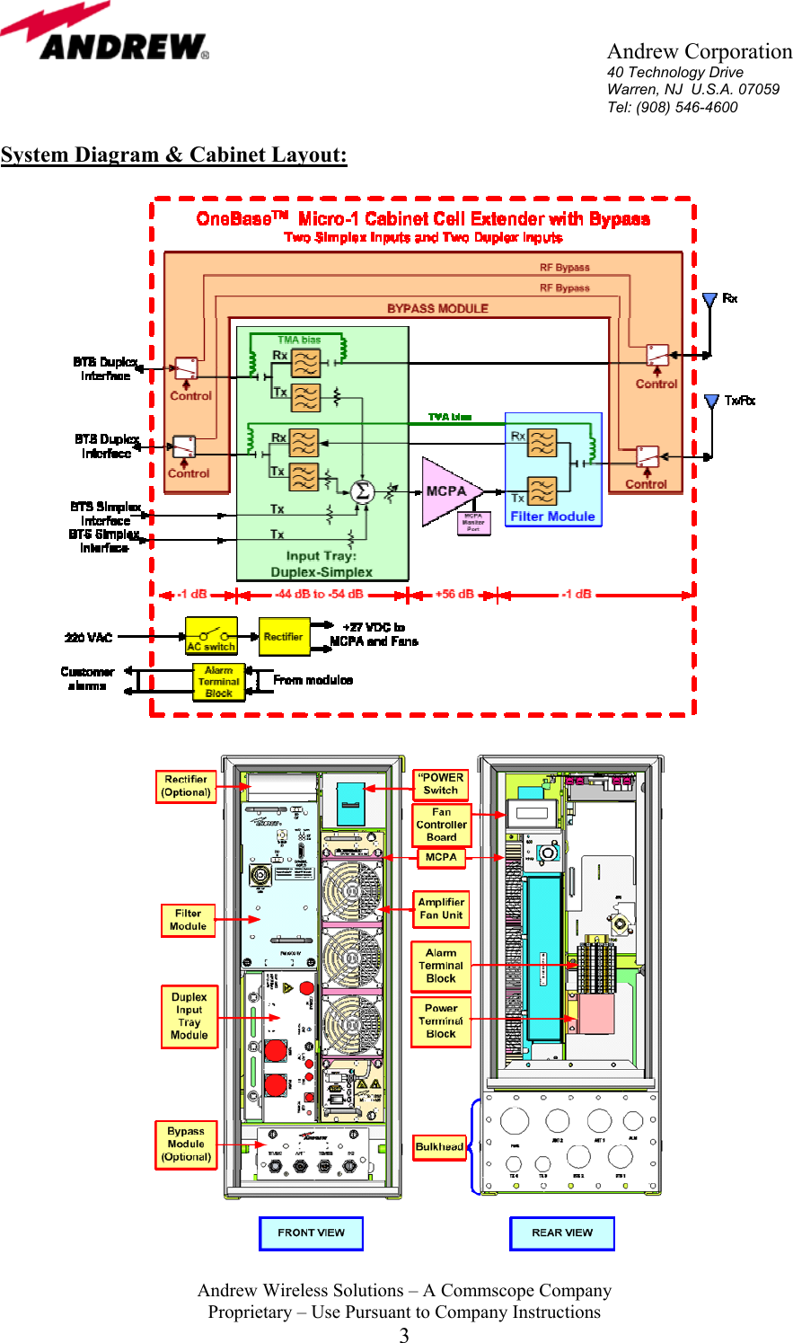       Andrew Corporation 40 Technology Drive Warren, NJ  U.S.A. 07059 Tel: (908) 546-4600  Andrew Wireless Solutions &ndash; A Commscope Company Proprietary &ndash; Use Pursuant to Company Instructions 3 System Diagram &amp; Cabinet Layout:     
