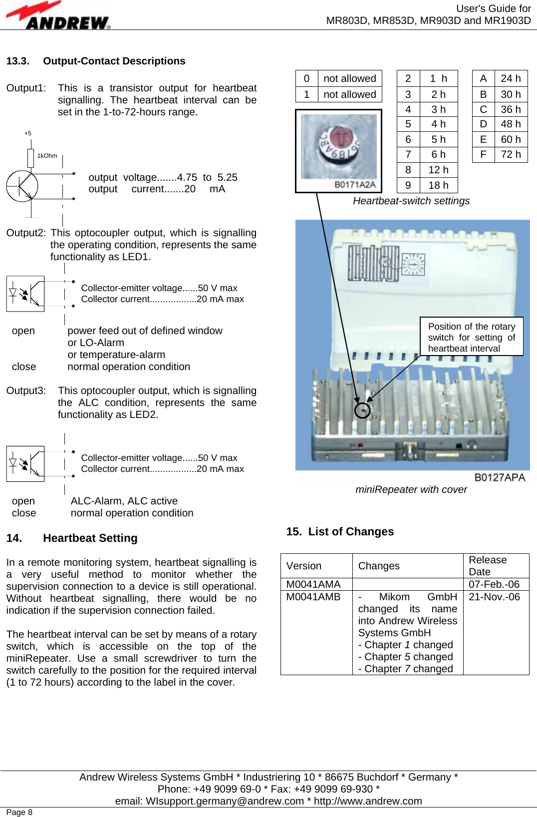  User&apos;s Guide for MR803D, MR853D, MR903D and MR1903D  Andrew Wireless Systems GmbH * Industriering 10 * 86675 Buchdorf * Germany * Phone: +49 9099 69-0 * Fax: +49 9099 69-930 * email: WIsupport.germany@andrew.com * http://www.andrew.com Page 8 13.3. Output-Contact Descriptions  Output1:  This is a transistor output for heartbeat signalling. The heartbeat interval can be set in the 1-to-72-hours range.   Output2: This optocoupler output, which is signalling the operating condition, represents the same functionality as LED1.  open  power feed out of defined window  or LO-Alarm  or temperature-alarm close  normal operation condition  Output3:  This optocoupler output, which is signalling the ALC condition, represents the same functionality as LED2.   open  ALC-Alarm, ALC active close  normal operation condition  14. Heartbeat Setting  In a remote monitoring system, heartbeat signalling is a very useful method to monitor whether the supervision connection to a device is still operational. Without heartbeat signalling, there would be no indication if the supervision connection failed.   The heartbeat interval can be set by means of a rotary switch, which is accessible on the top of the miniRepeater. Use a small screwdriver to turn the switch carefully to the position for the required interval (1 to 72 hours) according to the label in the cover.  0  not allowed 2  1  h  A  24 h 1  not allowed 3  2 h  B  30 h 4  3 h  C  36 h 5  4 h  D  48 h 6  5 h  E  60 h 7  6 h  F  72 h 8 12 h   9 18 h   Heartbeat-switch settings  miniRepeater with cover   15.  List of Changes  Version Changes  Release Date M0041AMA   07-Feb.-06 M0041AMB - Mikom GmbH changed its name into Andrew Wireless Systems GmbH - Chapter 1 changed - Chapter 5 changed - Chapter 7 changed 21-Nov.-06   Collector-emitter voltage......50 V maxCollector current..................20 mA maxCollector-emitter voltage......50 V maxCollector current..................20 mA maxoutput voltage.......4.75 to 5.25 output current.......20 mA 1kOhm +5Position of the rotary switch for setting of heartbeat interval