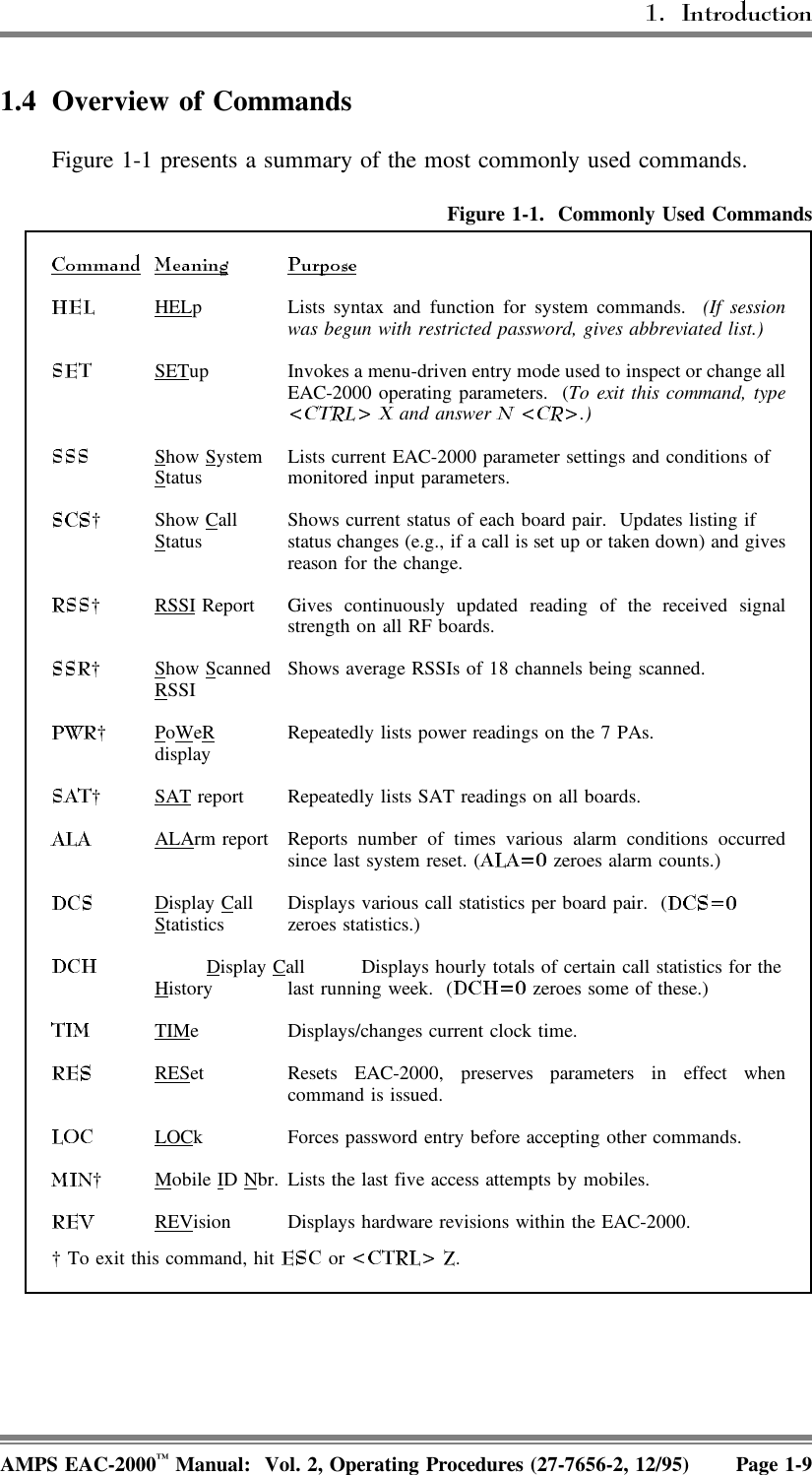 1.4 Overview of CommandsFigure 1-1 presents a summary of the most commonly used commands. Figure 1-1.  Commonly Used CommandsHELp Lists syntax and function for system commands.  (If sessionwas begun with restricted password, gives abbreviated list.)SETup Invokes a menu-driven entry mode used to inspect or change allEAC-2000 operating parameters.  (To exit this command, type and answer  .)Show System  Lists current EAC-2000 parameter settings and conditions ofStatus monitored input parameters.† Show Call Shows current status of each board pair.  Updates listing ifStatus status changes (e.g., if a call is set up or taken down) and givesreason for the change. † RSSI Report Gives continuously updated reading of the received signalstrength on all RF boards. †Show Scanned Shows average RSSIs of 18 channels being scanned. RSSI†PoWeR Repeatedly lists power readings on the 7 PAs. display †SAT report Repeatedly lists SAT readings on all boards. ALArm report Reports number of times various alarm conditions occurredsince last system reset. (  zeroes alarm counts.)Display Call Displays various call statistics per board pair.  (Statistics zeroes statistics.) Display Call Displays hourly totals of certain call statistics for theHistory last running week.  (  zeroes some of these.) TIMe Displays/changes current clock time.RESet Resets EAC-2000, preserves parameters in effect whencommand is issued. LOCk Forces password entry before accepting other commands.†Mobile ID Nbr. Lists the last five access attempts by mobiles.REVision Displays hardware revisions within the EAC-2000.† To exit this command, hit   or  .AMPS EAC-2000™ Manual:  Vol. 2, Operating Procedures (27-7656-2, 12/95) Page 1-9