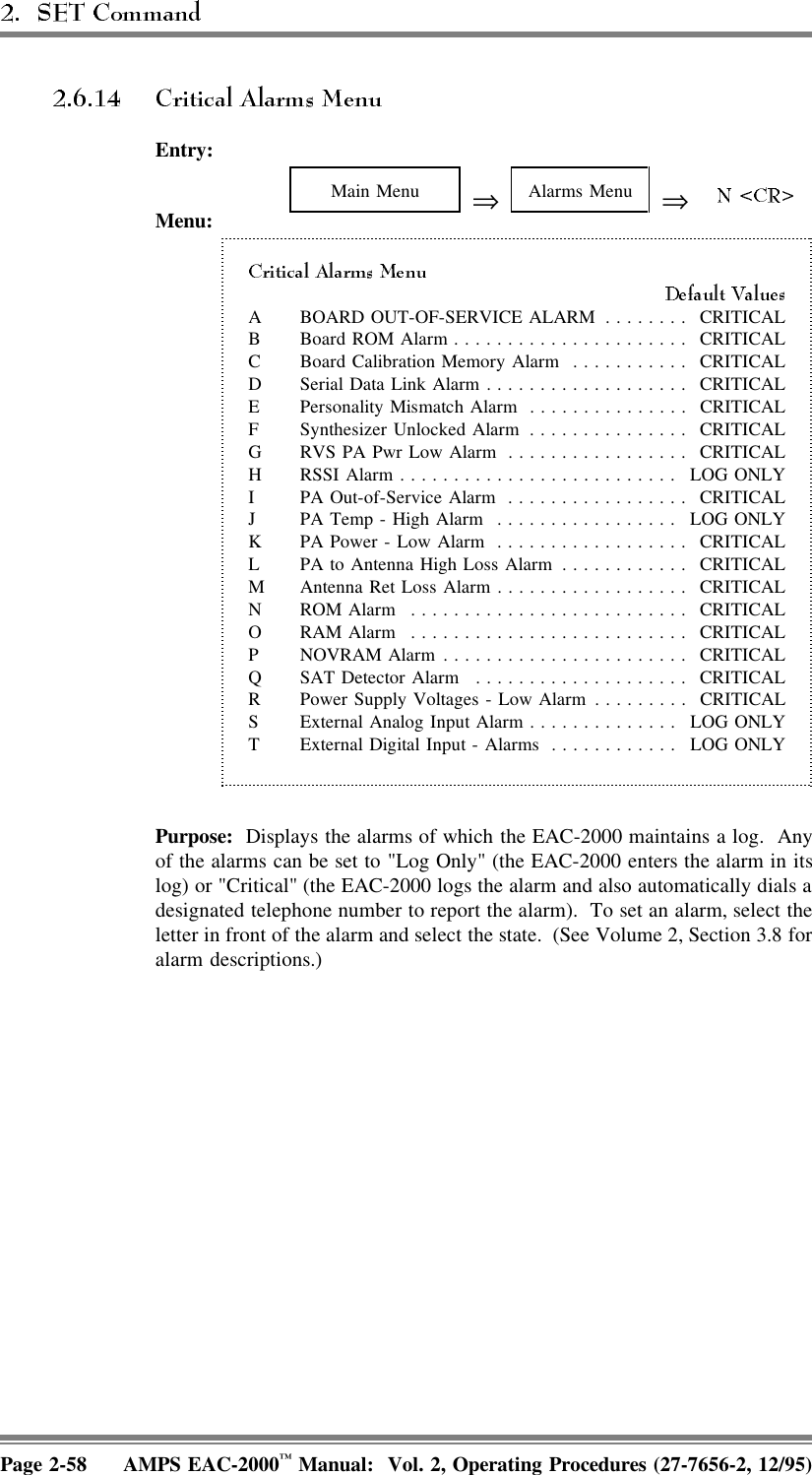 Entry:Main Menu ⇒Alarms Menu ⇒Menu:A BOARD OUT-OF-SERVICE ALARM ........ CRITICALB Board ROM Alarm...................... CRITICALC Board Calibration Memory Alarm ........... CRITICALD Serial Data Link Alarm................... CRITICALE Personality Mismatch Alarm ............... CRITICALF Synthesizer Unlocked Alarm ............... CRITICALG RVS PA Pwr Low Alarm ................. CRITICALH RSSI Alarm.......................... LOG ONLYI PA Out-of-Service Alarm ................. CRITICALJ PA Temp - High Alarm ................. LOG ONLYK PA Power - Low Alarm .................. CRITICALL PA to Antenna High Loss Alarm ............ CRITICALM Antenna Ret Loss Alarm.................. CRITICALN ROM Alarm .......................... CRITICALO RAM Alarm .......................... CRITICALP NOVRAM Alarm ....................... CRITICALQ SAT Detector Alarm .................... CRITICALR Power Supply Voltages - Low Alarm ......... CRITICALS External Analog Input Alarm .............. LOG ONLYT External Digital Input - Alarms ............ LOG ONLYPurpose:  Displays the alarms of which the EAC-2000 maintains a log.  Anyof the alarms can be set to &quot;Log Only&quot; (the EAC-2000 enters the alarm in itslog) or &quot;Critical&quot; (the EAC-2000 logs the alarm and also automatically dials adesignated telephone number to report the alarm).  To set an alarm, select theletter in front of the alarm and select the state.  (See Volume 2, Section 3.8 foralarm descriptions.) Page 2-58 AMPS EAC-2000™ Manual:  Vol. 2, Operating Procedures (27-7656-2, 12/95)
