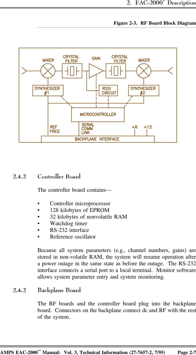 Figure 2-3.  RF Board Block DiagramThe controller board contains—• Controller microprocessor • 128 kilobytes of EPROM • 32 kilobytes of nonvolatile RAM • Watchdog timer• RS-232 interface• Reference oscillatorBecause all system parameters (e.g., channel numbers, gains) arestored in non-volatile RAM, the system will resume operation aftera power outage in the same state as before the outage.  The RS-232interface connects a serial port to a local terminal.  Monitor softwareallows system parameter entry and system monitoring. The RF boards and the controller board plug into the backplaneboard.  Connectors on the backplane connect dc and RF with the restof the system.AMPS EAC-2000™ Manual:  Vol. 3, Technical Information (27-7657-2, 7/95) Page 2-7
