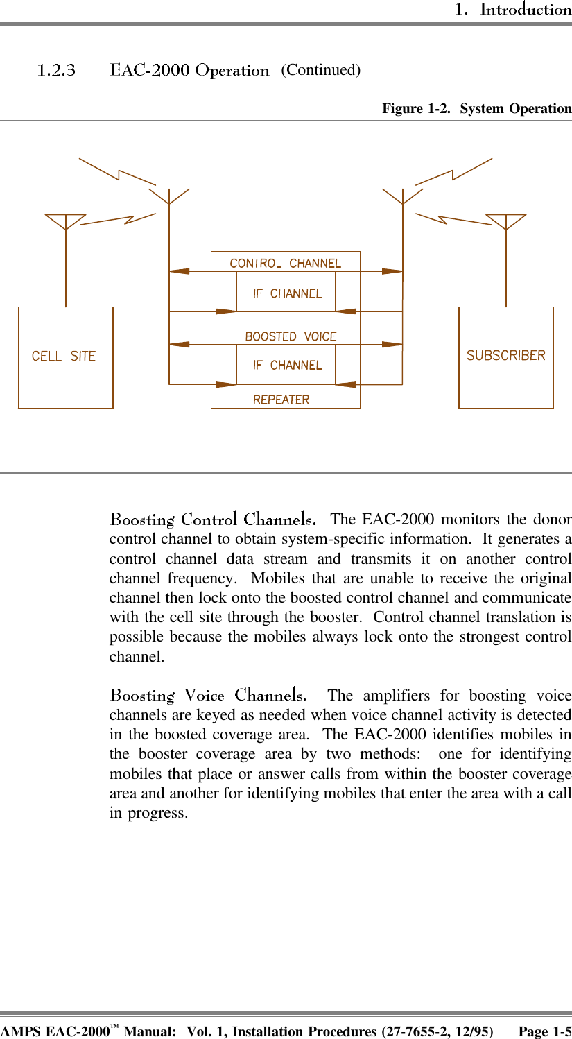  (Continued)Figure 1-2.  System Operation  The EAC-2000 monitors the donorcontrol channel to obtain system-specific information.  It generates acontrol channel data stream and transmits it on another controlchannel frequency.  Mobiles that are unable to receive the originalchannel then lock onto the boosted control channel and communicatewith the cell site through the booster.  Control channel translation ispossible because the mobiles always lock onto the strongest controlchannel.   The amplifiers for boosting voicechannels are keyed as needed when voice channel activity is detectedin the boosted coverage area.  The EAC-2000 identifies mobiles inthe booster coverage area by two methods:  one for identifyingmobiles that place or answer calls from within the booster coveragearea and another for identifying mobiles that enter the area with a callin progress.AMPS EAC-2000™ Manual:  Vol. 1, Installation Procedures (27-7655-2, 12/95) Page 1-5