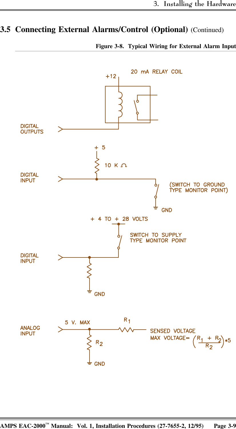 3.5 Connecting External Alarms/Control (Optional) (Continued)Figure 3-8.  Typical Wiring for External Alarm InputAMPS EAC-2000™ Manual:  Vol. 1, Installation Procedures (27-7655-2, 12/95) Page 3-9
