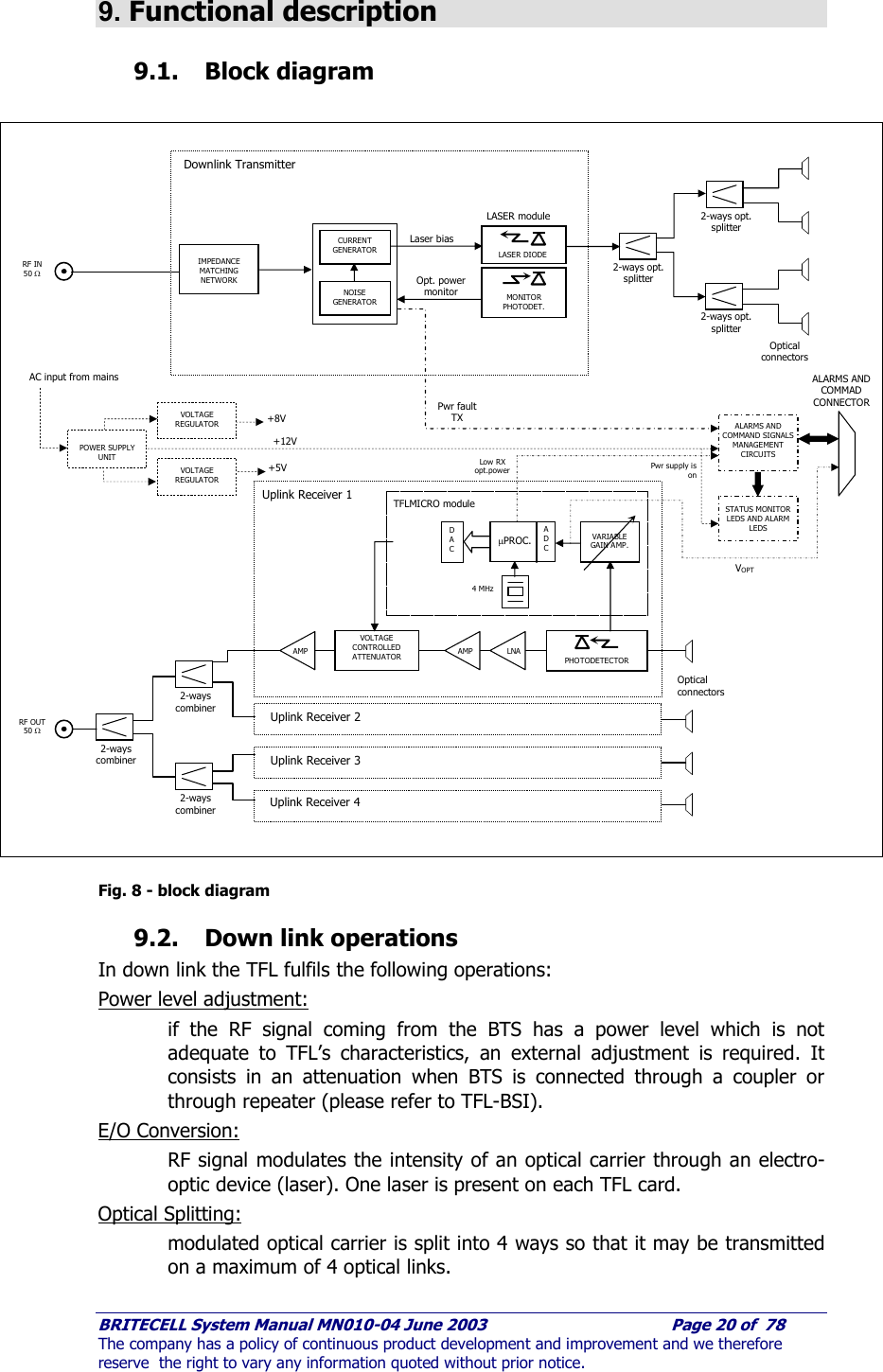     BRITECELL System Manual MN010-04 June 2003                                        Page 20 of  78 The company has a policy of continuous product development and improvement and we therefore reserve  the right to vary any information quoted without prior notice.  9. Functional description 9.1. Block diagram   Fig. 8 - block diagram 9.2. Down link operations In down link the TFL fulfils the following operations: Power level adjustment:  if the RF signal coming from the BTS has a power level which is not adequate to TFL’s characteristics, an external adjustment is required. It consists in an attenuation when BTS is connected through a coupler or through repeater (please refer to TFL-BSI). E/O Conversion:  RF signal modulates the intensity of an optical carrier through an electro-optic device (laser). One laser is present on each TFL card. Optical Splitting:  modulated optical carrier is split into 4 ways so that it may be transmitted on a maximum of 4 optical links.  RF IN 50 Ω CURRENT GENERATOR NOISE GENERATOR Laser bias Opt. power monitor IMPEDANCE MATCHING NETWORK VOPT 2-ways combiner +8V VOLTAGE REGULATOR LASER module MONITOR PHOTODET. LASER DIODE STATUS MONITOR LEDS AND ALARM LEDS ALARMS AND COMMAD CONNECTOR VOLTAGE REGULATOR 2-ways combiner VOLTAGE CONTROLLED ATTENUATOR  PHOTODETECTOR LNA AMP AMP TFLMICRO module VARIABLE GAIN AMP. 4 MHz D A C A D C µPROC. 2-ways combiner RF OUT 50 Ω Optical connectors Pwr supply is on Pwr fault  TXLow RX opt.power 2-ways opt. splitter Optical connectors POWER SUPPLY UNIT +12V Downlink Transmitter ALARMS AND COMMAND SIGNALS MANAGEMENT CIRCUITS Uplink Receiver 1 Uplink Receiver 2 Uplink Receiver 3 Uplink Receiver 4 +5V AC input from mains 2-ways opt. splitter 2-ways opt. splitter 