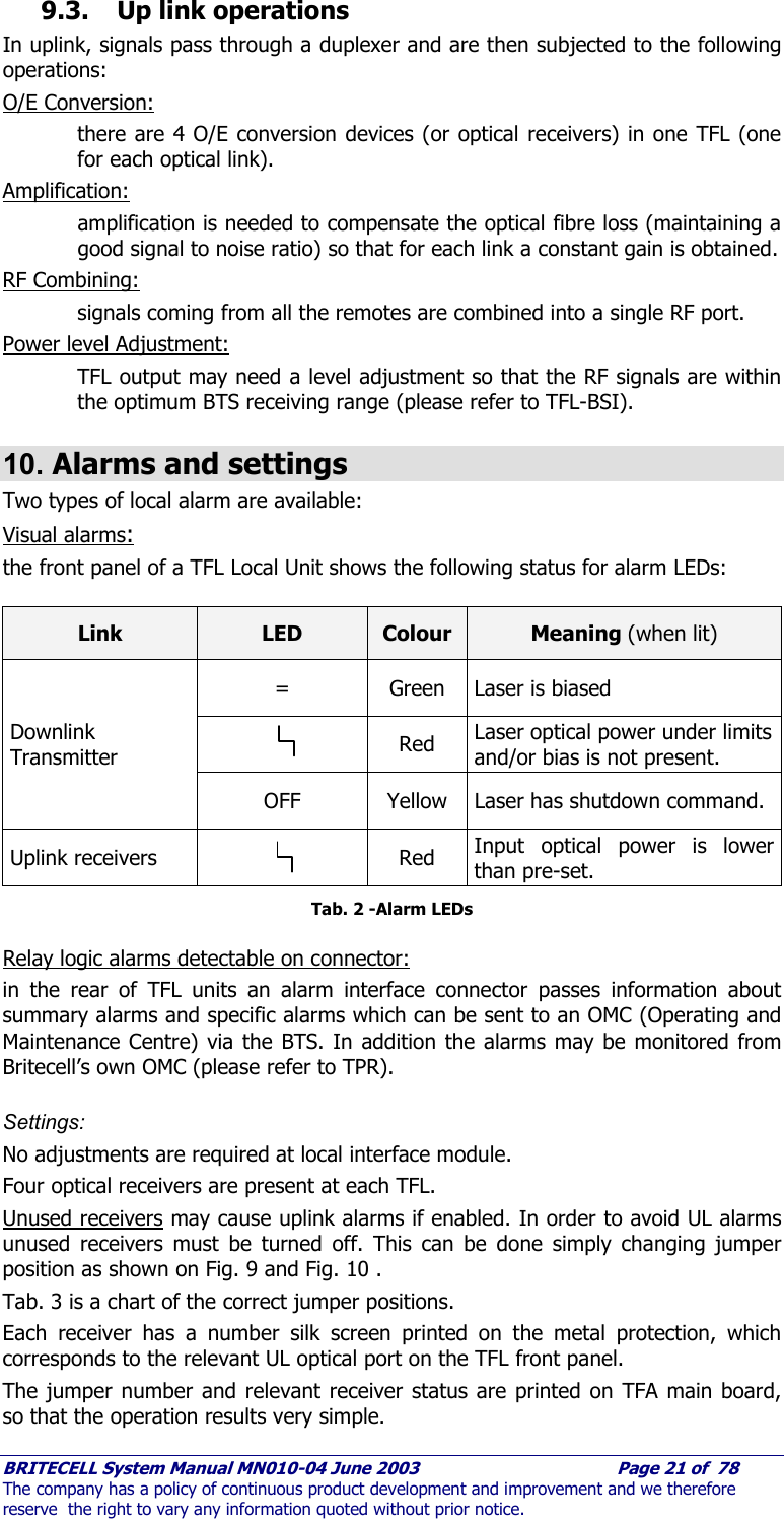     BRITECELL System Manual MN010-04 June 2003                                        Page 21 of  78 The company has a policy of continuous product development and improvement and we therefore reserve  the right to vary any information quoted without prior notice. 9.3. Up link operations In uplink, signals pass through a duplexer and are then subjected to the following operations: O/E Conversion:  there are 4 O/E conversion devices (or optical receivers) in one TFL (one for each optical link).  Amplification:  amplification is needed to compensate the optical fibre loss (maintaining a good signal to noise ratio) so that for each link a constant gain is obtained. RF Combining:  signals coming from all the remotes are combined into a single RF port. Power level Adjustment:  TFL output may need a level adjustment so that the RF signals are within the optimum BTS receiving range (please refer to TFL-BSI). 10. Alarms and settings  Two types of local alarm are available: Visual alarms:  the front panel of a TFL Local Unit shows the following status for alarm LEDs:  Link LED Colour Meaning (when lit) =  Green  Laser is biased  Red  Laser optical power under limits and/or bias is not present. Downlink Transmitter OFF  Yellow  Laser has shutdown command. Uplink receivers   Red  Input optical power is lower than pre-set. Tab. 2 -Alarm LEDs  Relay logic alarms detectable on connector:  in the rear of TFL units an alarm interface connector passes information about summary alarms and specific alarms which can be sent to an OMC (Operating and Maintenance Centre) via the BTS. In addition the alarms may be monitored from Britecell’s own OMC (please refer to TPR). Settings:  No adjustments are required at local interface module. Four optical receivers are present at each TFL.  Unused receivers may cause uplink alarms if enabled. In order to avoid UL alarms unused receivers must be turned off. This can be done simply changing jumper position as shown on Fig. 9 and Fig. 10 . Tab. 3 is a chart of the correct jumper positions. Each receiver has a number silk screen printed on the metal protection, which corresponds to the relevant UL optical port on the TFL front panel. The jumper number and relevant receiver status are printed on TFA main board, so that the operation results very simple. 