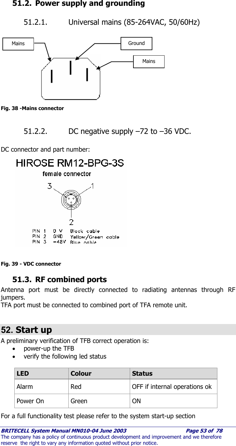     BRITECELL System Manual MN010-04 June 2003                                        Page 53 of  78 The company has a policy of continuous product development and improvement and we therefore reserve  the right to vary any information quoted without prior notice.  51.2. Power supply and grounding 51.2.1. Universal mains (85-264VAC, 50/60Hz)            Fig. 38 -Mains connector  51.2.2. DC negative supply –72 to –36 VDC.  DC connector and part number:               Fig. 39 - VDC connector 51.3. RF combined ports Antenna port must be directly connected to radiating antennas through RF jumpers. TFA port must be connected to combined port of TFA remote unit.  52. Start up A preliminary verification of TFB correct operation is: • power-up the TFB • verify the following led status   LED  Colour  Status Alarm  Red  OFF if internal operations ok  Power On  Green  ON For a full functionality test please refer to the system start-up section  Ground Mains Mains 