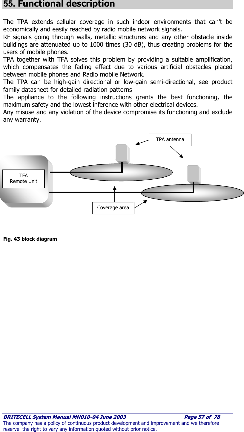     BRITECELL System Manual MN010-04 June 2003                                        Page 57 of  78 The company has a policy of continuous product development and improvement and we therefore reserve  the right to vary any information quoted without prior notice.  55. Functional description  The TPA extends cellular coverage in such indoor environments that can&apos;t be economically and easily reached by radio mobile network signals. RF signals going through walls, metallic structures and any other obstacle inside buildings are attenuated up to 1000 times (30 dB), thus creating problems for the users of mobile phones.  TPA together with TFA solves this problem by providing a suitable amplification, which compensates the fading effect due to various artificial obstacles placed between mobile phones and Radio mobile Network. The TPA can be high-gain directional or low-gain semi-directional, see product family datasheet for detailed radiation patterns The appliance to the following instructions grants the best functioning, the maximum safety and the lowest inference with other electrical devices. Any misuse and any violation of the device compromise its functioning and exclude any warranty.                Fig. 43 block diagram  TFA Remote Unit TPA antenna Coverage area 