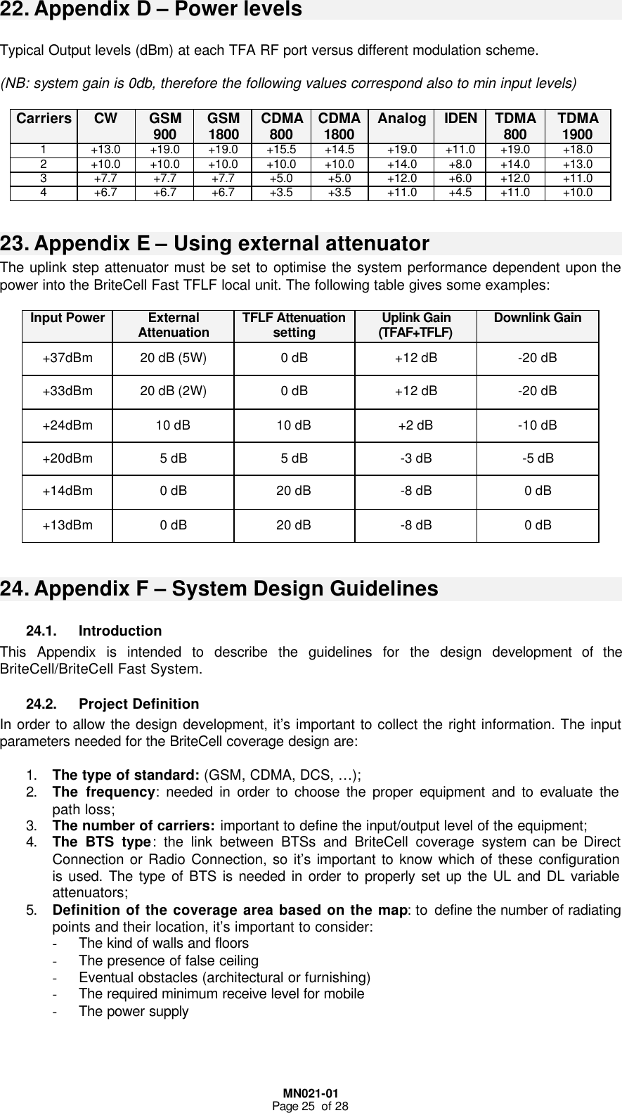  MN021-01 Page 25  of 28 22. Appendix D – Power levels  Typical Output levels (dBm) at each TFA RF port versus different modulation scheme.  (NB: system gain is 0db, therefore the following values correspond also to min input levels)  Carriers CW GSM 900 GSM 1800 CDMA 800 CDMA 1800 Analog IDEN TDMA 800 TDMA 1900 1 +13.0 +19.0 +19.0 +15.5 +14.5 +19.0 +11.0 +19.0 +18.0 2 +10.0 +10.0 +10.0 +10.0 +10.0 +14.0 +8.0 +14.0 +13.0 3 +7.7 +7.7 +7.7 +5.0 +5.0 +12.0 +6.0 +12.0 +11.0 4 +6.7 +6.7 +6.7 +3.5 +3.5 +11.0 +4.5 +11.0 +10.0    23. Appendix E – Using external attenuator  The uplink step attenuator must be set to optimise the system performance dependent upon the power into the BriteCell Fast TFLF local unit. The following table gives some examples:  Input Power External Attenuation TFLF Attenuation setting Uplink Gain (TFAF+TFLF) Downlink Gain +37dBm 20 dB (5W) 0 dB +12 dB -20 dB +33dBm 20 dB (2W) 0 dB +12 dB -20 dB +24dBm 10 dB 10 dB +2 dB -10 dB +20dBm 5 dB 5 dB -3 dB -5 dB +14dBm 0 dB 20 dB -8 dB 0 dB +13dBm 0 dB 20 dB -8 dB 0 dB  24. Appendix F – System Design Guidelines 24.1. Introduction This Appendix is intended to describe the guidelines for the design development of the BriteCell/BriteCell Fast System. 24.2. Project Definition In order to allow the design development, it’s important to collect the right information. The input parameters needed for the BriteCell coverage design are:  1. The type of standard: (GSM, CDMA, DCS, …); 2. The frequency: needed in order to choose the proper equipment and to evaluate the path loss; 3. The number of carriers: important to define the input/output level of the equipment; 4. The BTS type: the link between BTSs and BriteCell coverage system can be Direct Connection or Radio Connection, so it’s important to know which of these configuration is used. The type of BTS is needed in order to properly set up the UL and DL variable attenuators; 5. Definition of the coverage area based on the map: to define the number of radiating points and their location, it’s important to consider: - The kind of walls and floors - The presence of false ceiling - Eventual obstacles (architectural or furnishing) - The required minimum receive level for mobile  - The power supply 