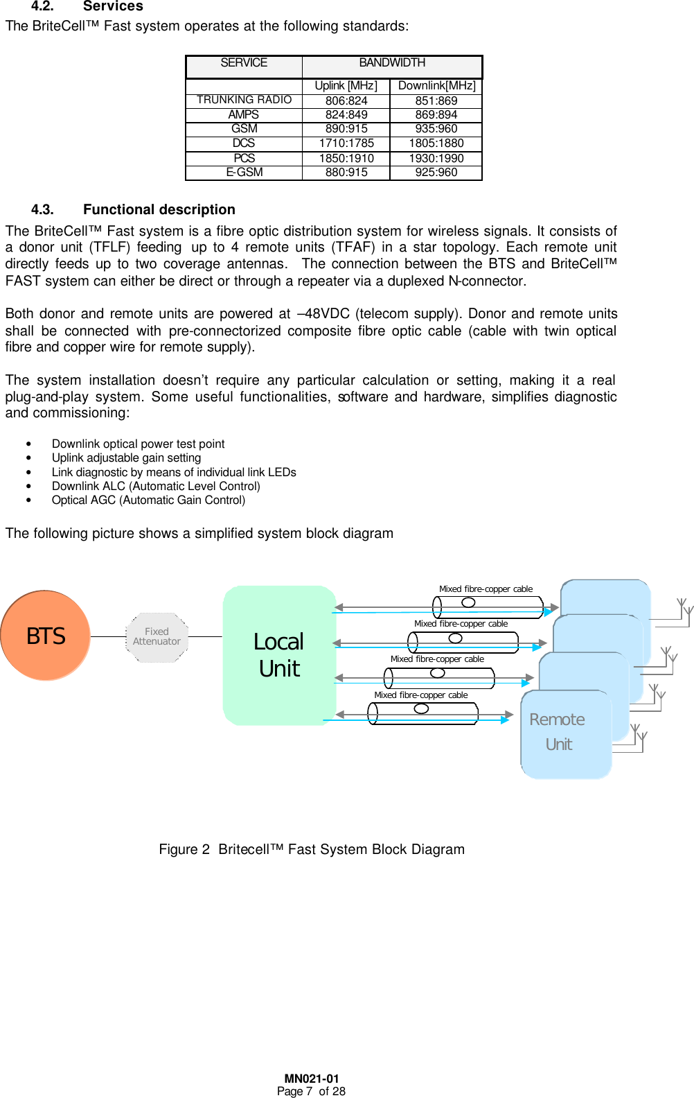  MN021-01 Page 7  of 28 4.2. Services The BriteCell™ Fast system operates at the following standards:          4.3. Functional description The BriteCell™ Fast system is a fibre optic distribution system for wireless signals. It consists of a donor unit (TFLF) feeding  up to 4 remote units (TFAF) in a star topology. Each remote unit directly feeds up to two coverage antennas.  The connection between the BTS and BriteCell™ FAST system can either be direct or through a repeater via a duplexed N-connector.  Both donor and remote units are powered at –48VDC (telecom supply). Donor and remote units shall be connected with pre-connectorized composite fibre optic cable (cable with twin optical fibre and copper wire for remote supply).   The system installation doesn’t require any particular calculation or setting, making it a real plug-and-play system. Some useful functionalities, software and hardware, simplifies diagnostic and commissioning:  • Downlink optical power test point • Uplink adjustable gain setting • Link diagnostic by means of individual link LEDs • Downlink ALC (Automatic Level Control)  • Optical AGC (Automatic Gain Control)  The following picture shows a simplified system block diagram                   Figure 2  Britecell™ Fast System Block Diagram SERVICE BANDWIDTH  Uplink [MHz] Downlink[MHz] TRUNKING RADIO 806:824 851:869 AMPS 824:849 869:894 GSM 890:915 935:960 DCS 1710:1785 1805:1880 PCS 1850:1910 1930:1990 E-GSM 880:915 925:960  BTS Local Unit Mixed fibre-copper cable Unit Remote Unit Mixed fibre-copper cable Mixed fibre-copper cable Mixed fibre-copper cable Fixed Attenuator 