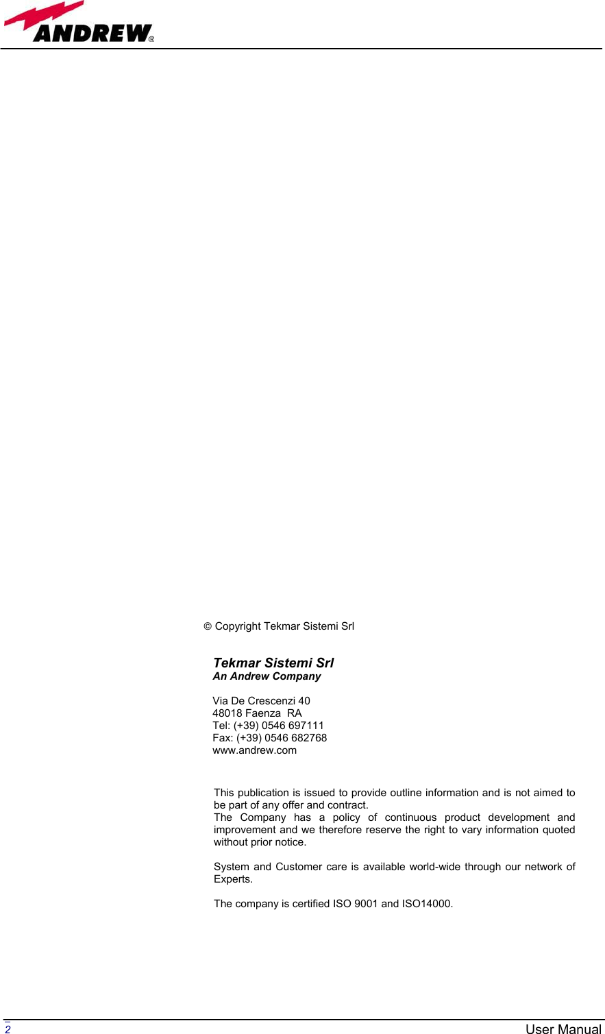 Page 2 of Andrew Wireless Innovations Group BCP-TFAM23 Model TFAM23 Downlink Booster User Manual MN024 04 rev3