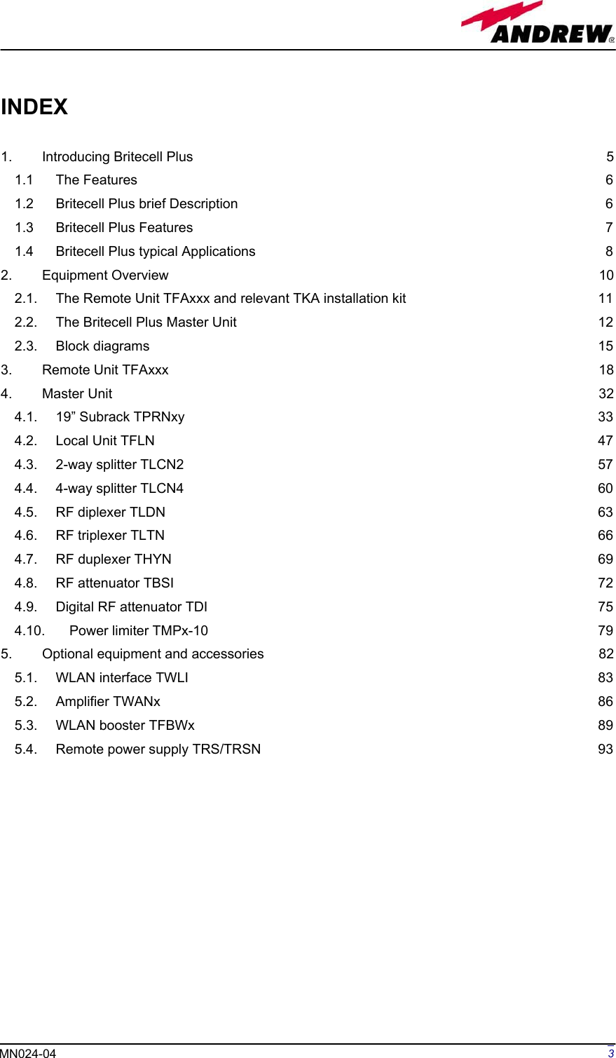 Page 3 of Andrew Wireless Innovations Group BCP-TFAM23 Model TFAM23 Downlink Booster User Manual MN024 04 rev3