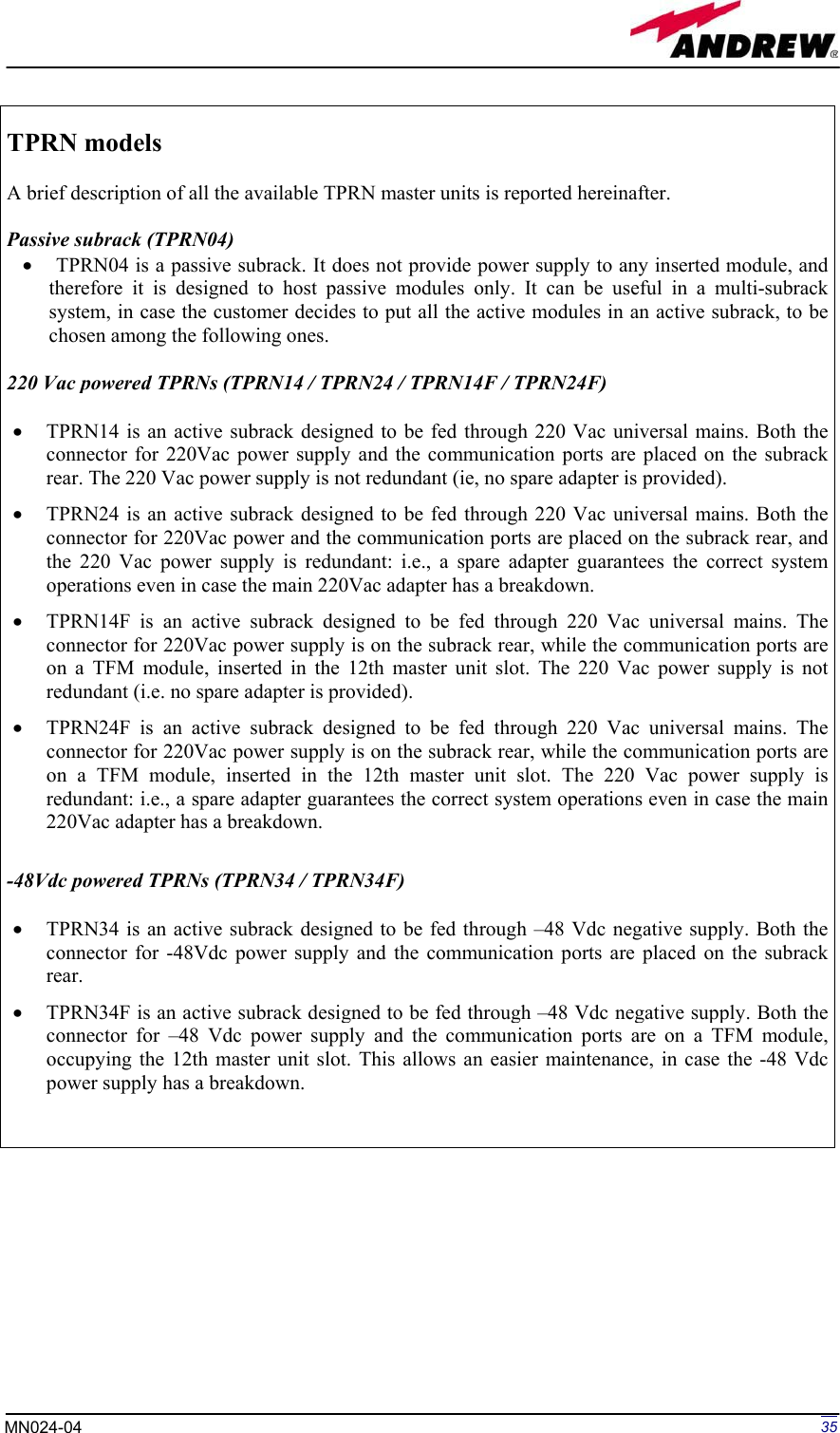 Page 35 of Andrew Wireless Innovations Group BCP-TFAM23 Model TFAM23 Downlink Booster User Manual MN024 04 rev3