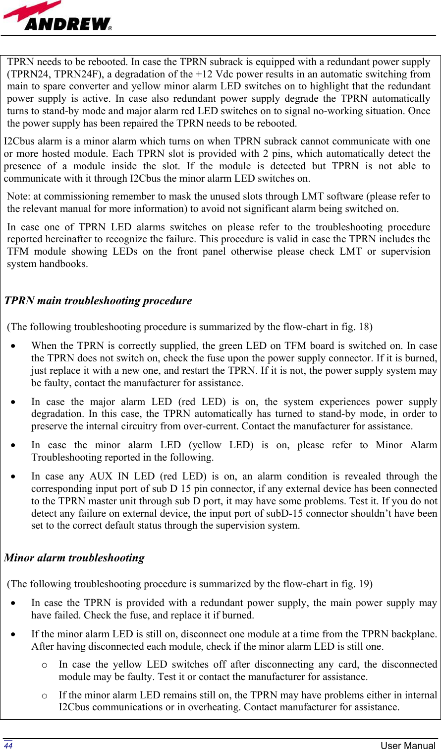 Page 44 of Andrew Wireless Innovations Group BCP-TFAM23 Model TFAM23 Downlink Booster User Manual MN024 04 rev3