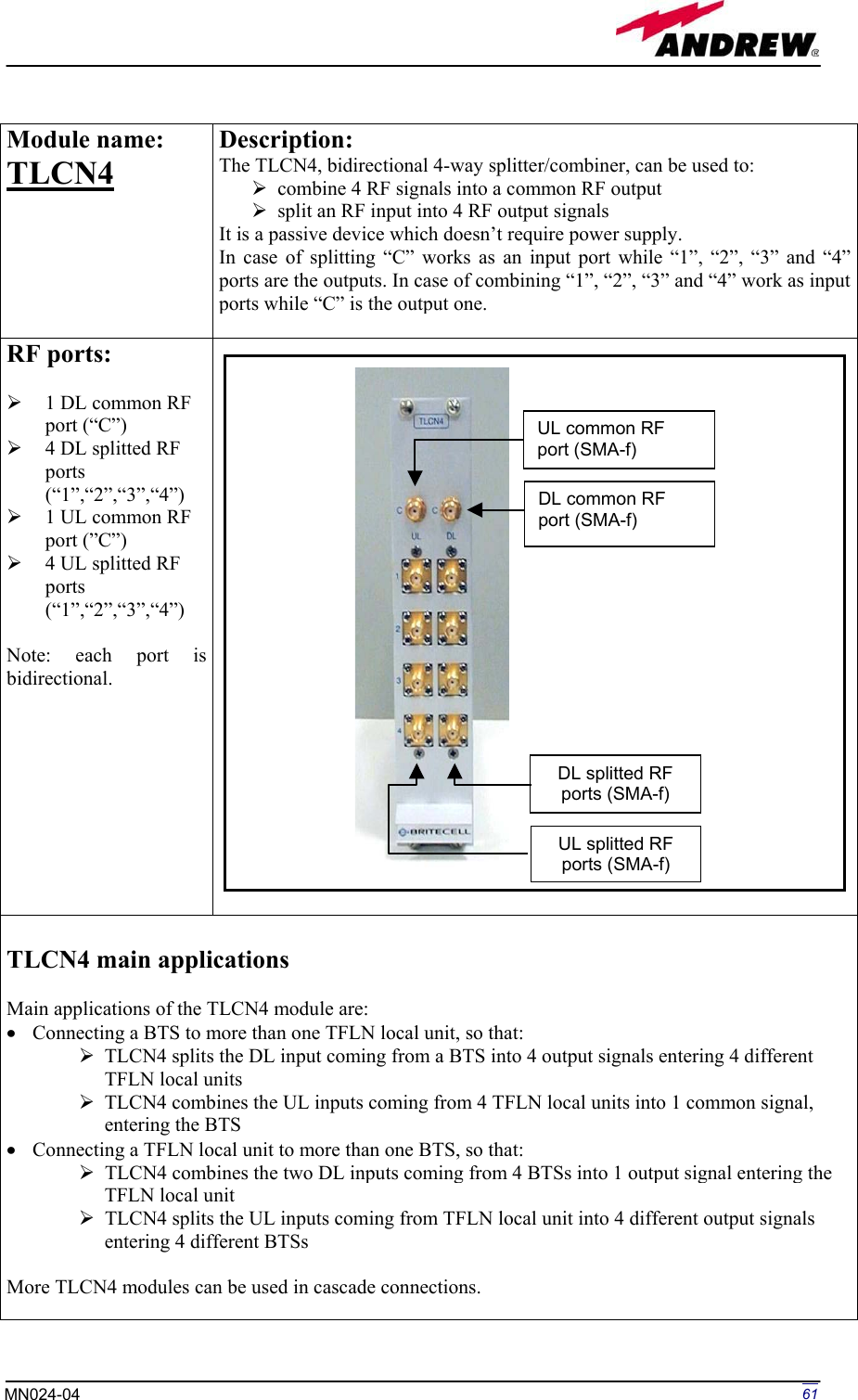 Page 61 of Andrew Wireless Innovations Group BCP-TFAM23 Model TFAM23 Downlink Booster User Manual MN024 04 rev3