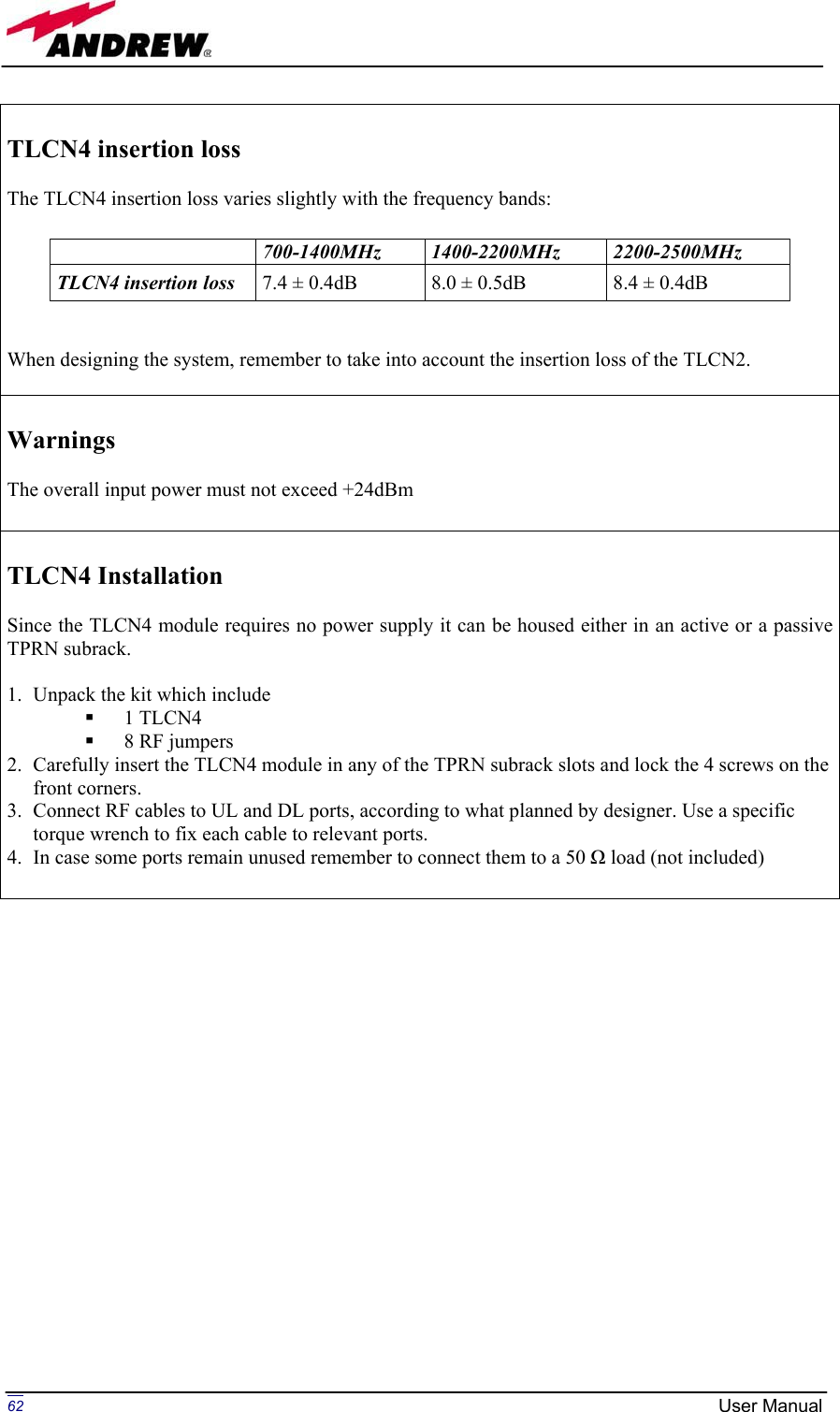 Page 62 of Andrew Wireless Innovations Group BCP-TFAM23 Model TFAM23 Downlink Booster User Manual MN024 04 rev3