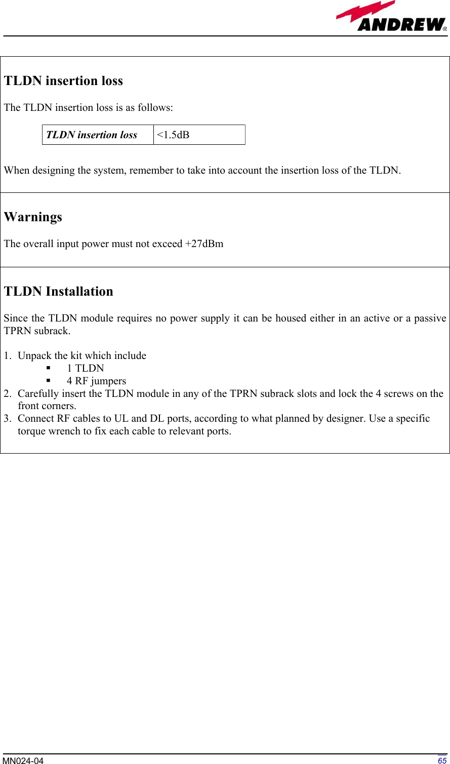 Page 65 of Andrew Wireless Innovations Group BCP-TFAM23 Model TFAM23 Downlink Booster User Manual MN024 04 rev3