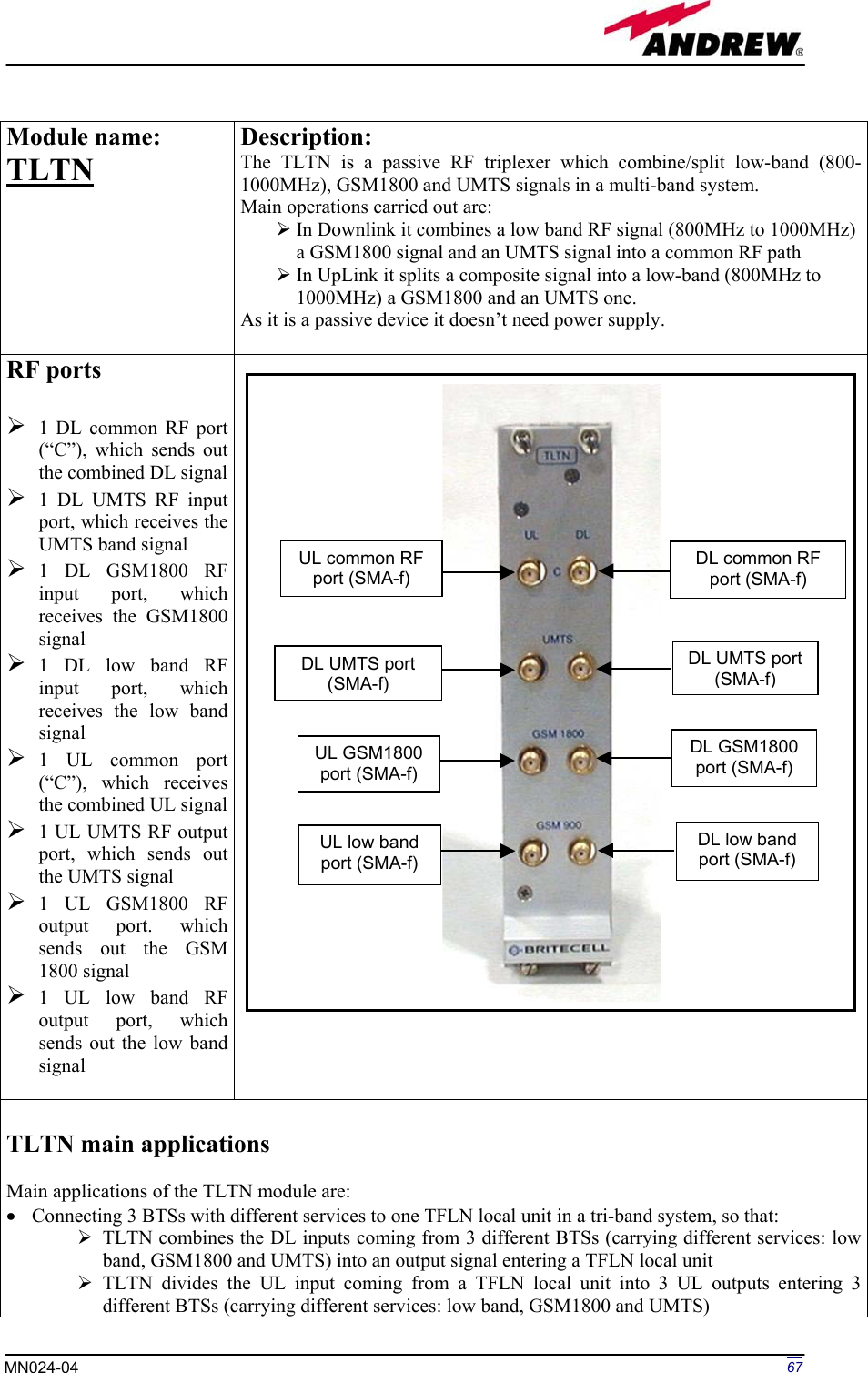 Page 67 of Andrew Wireless Innovations Group BCP-TFAM23 Model TFAM23 Downlink Booster User Manual MN024 04 rev3