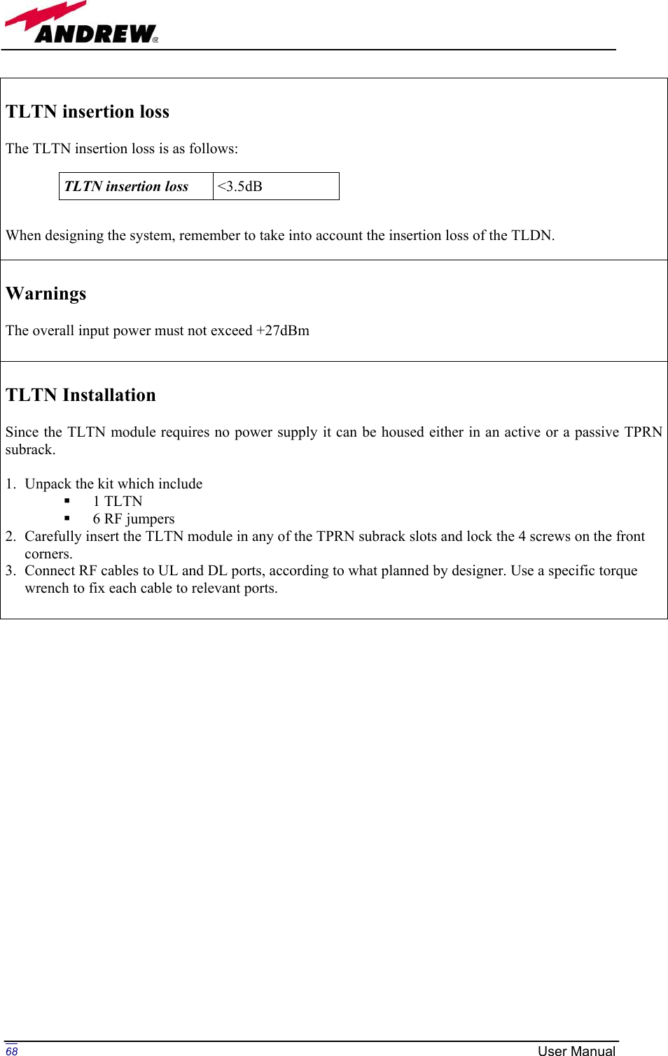 Page 68 of Andrew Wireless Innovations Group BCP-TFAM23 Model TFAM23 Downlink Booster User Manual MN024 04 rev3