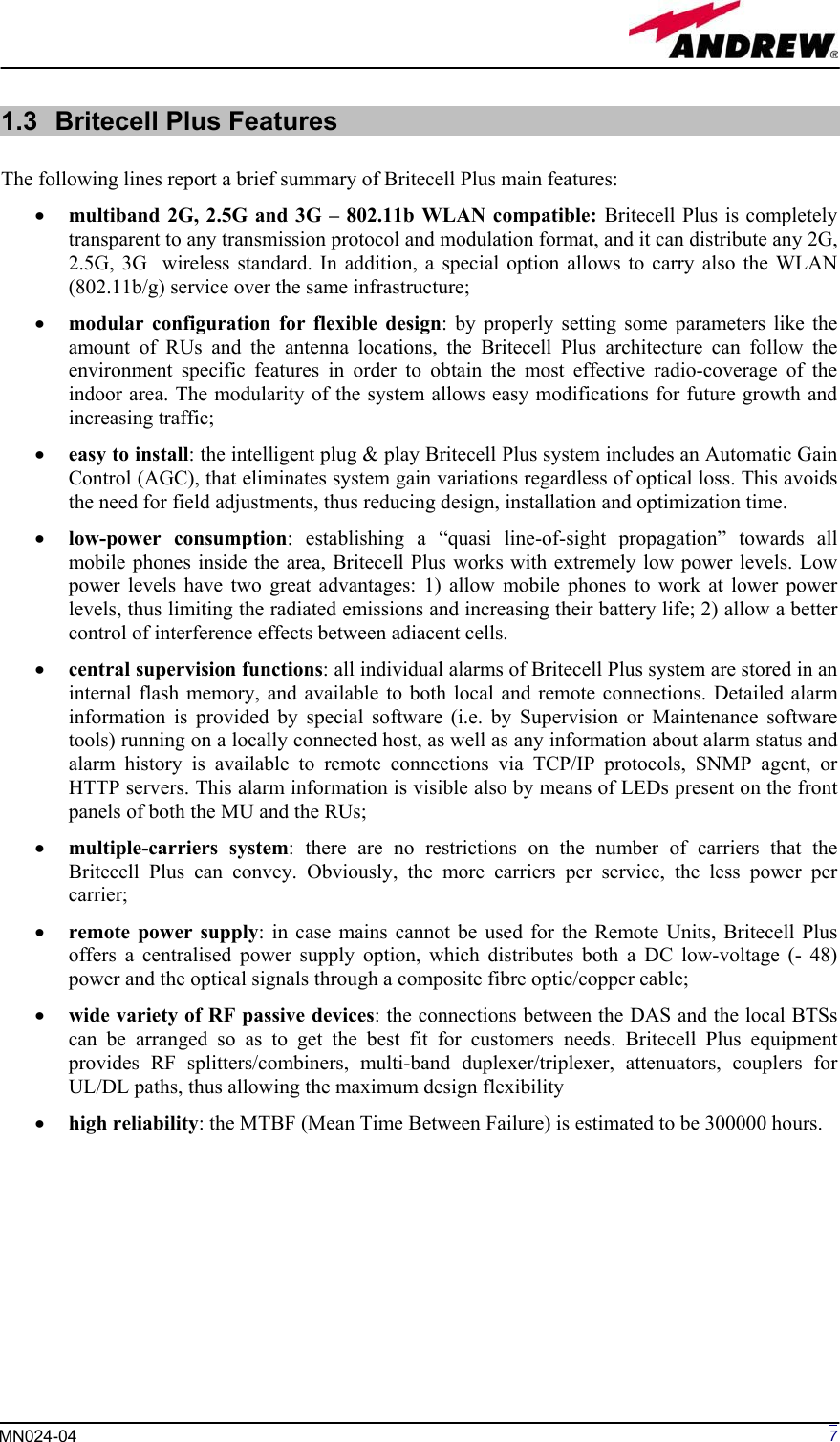 Page 7 of Andrew Wireless Innovations Group BCP-TFAM23 Model TFAM23 Downlink Booster User Manual MN024 04 rev3