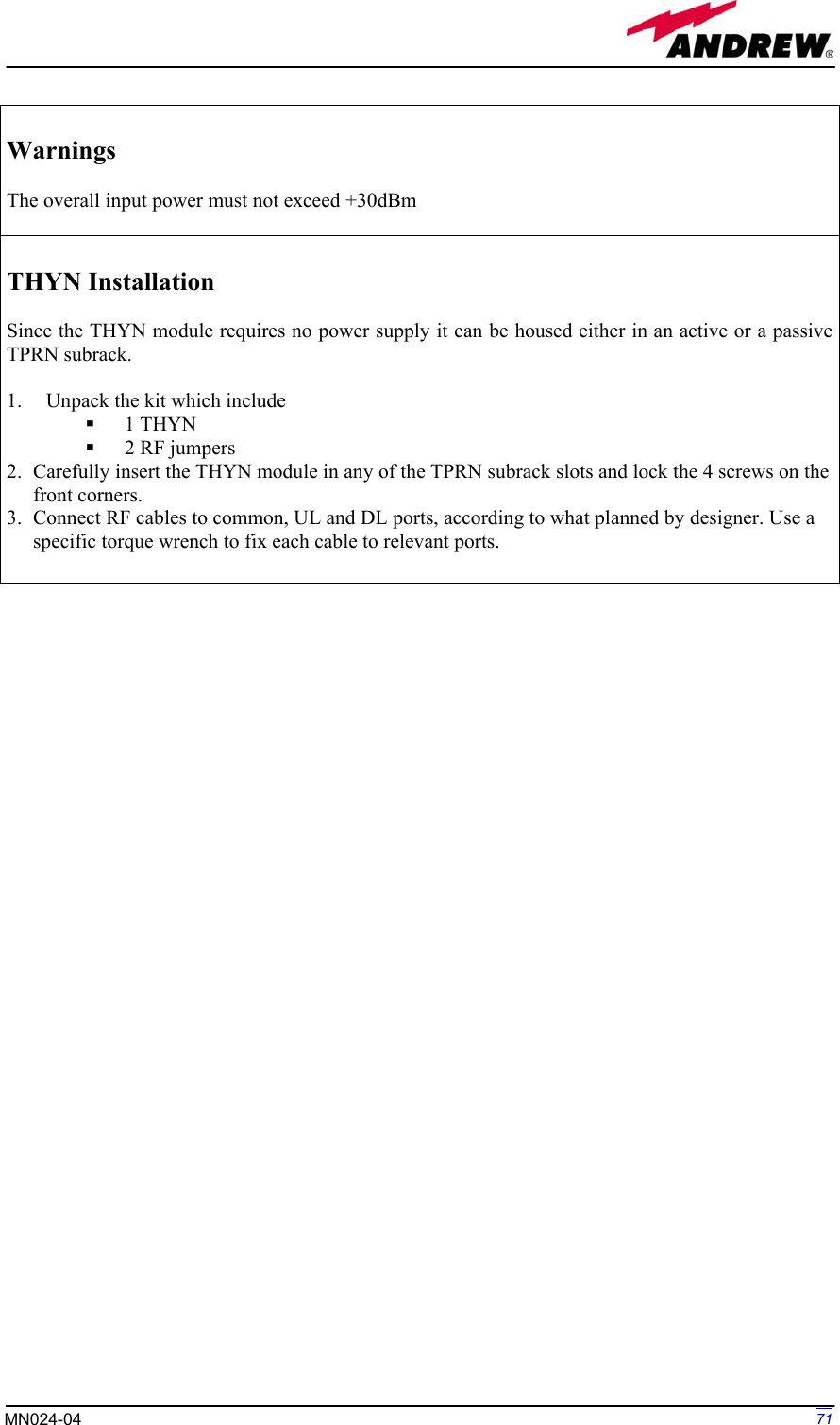 Page 71 of Andrew Wireless Innovations Group BCP-TFAM23 Model TFAM23 Downlink Booster User Manual MN024 04 rev3
