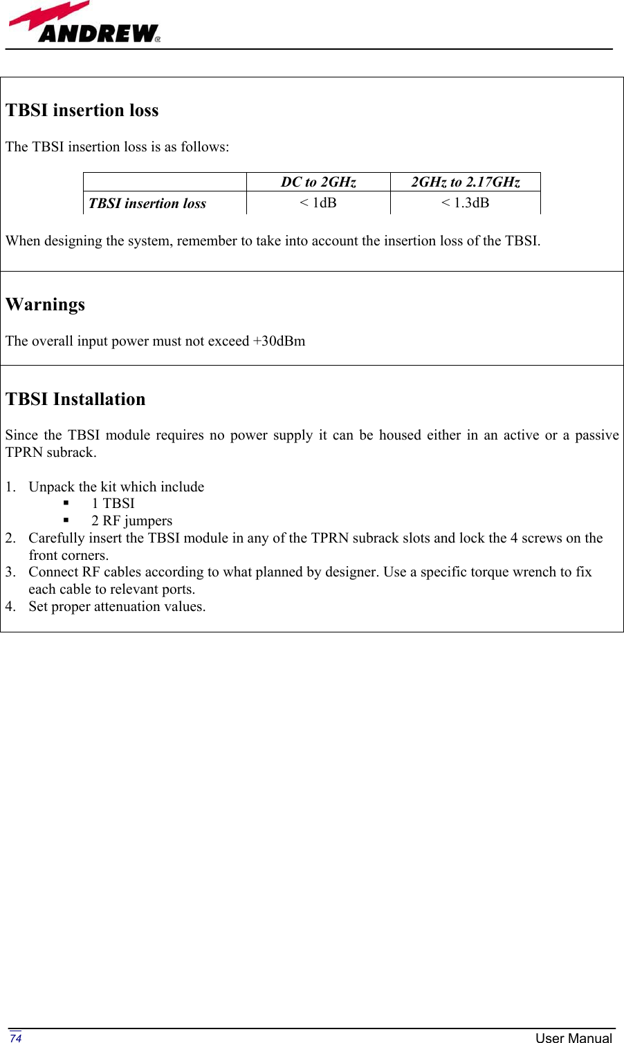 Page 74 of Andrew Wireless Innovations Group BCP-TFAM23 Model TFAM23 Downlink Booster User Manual MN024 04 rev3